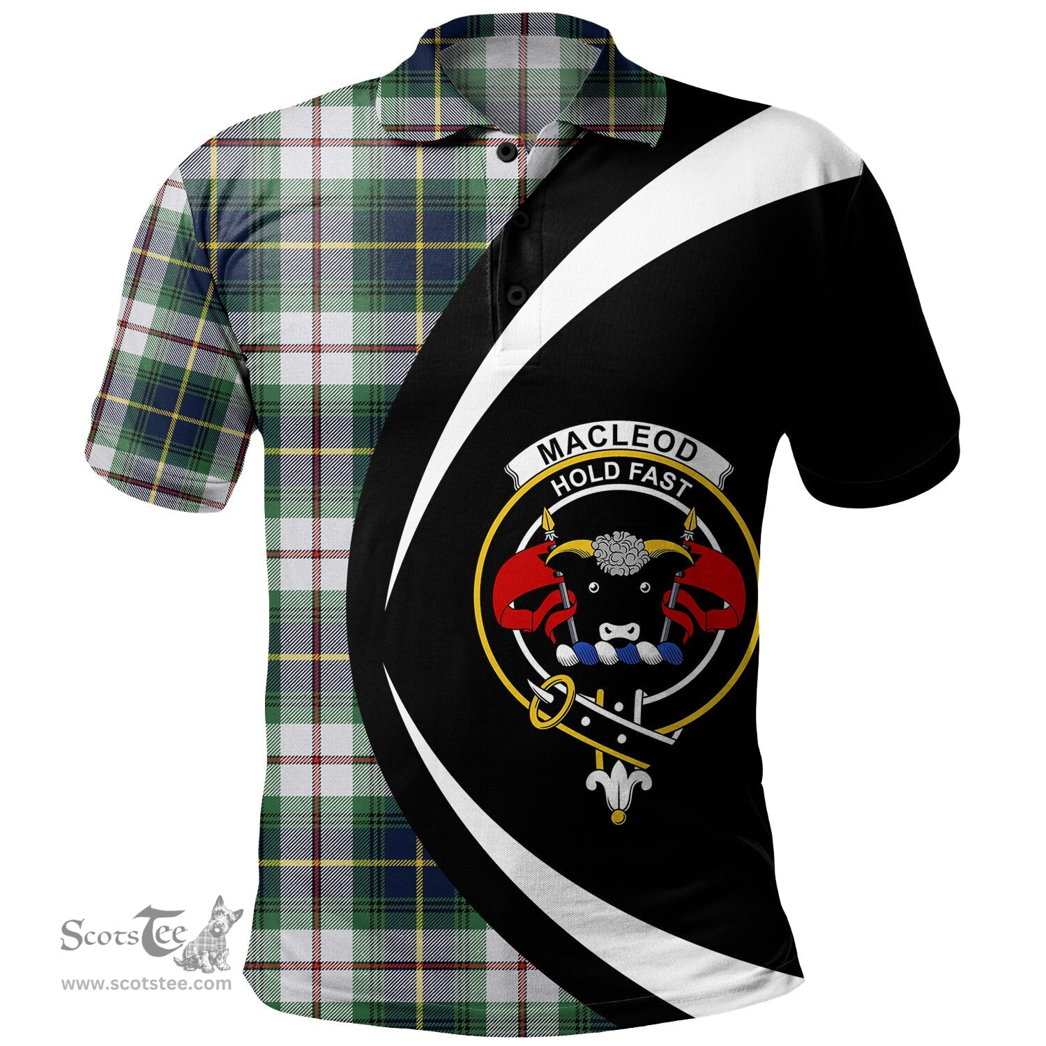 ScotsTee Shop Scottish MacLeod of California Modern Clan Crest Personalized Tartan Polo Shirt Circle Style Back Shirt with Your Text