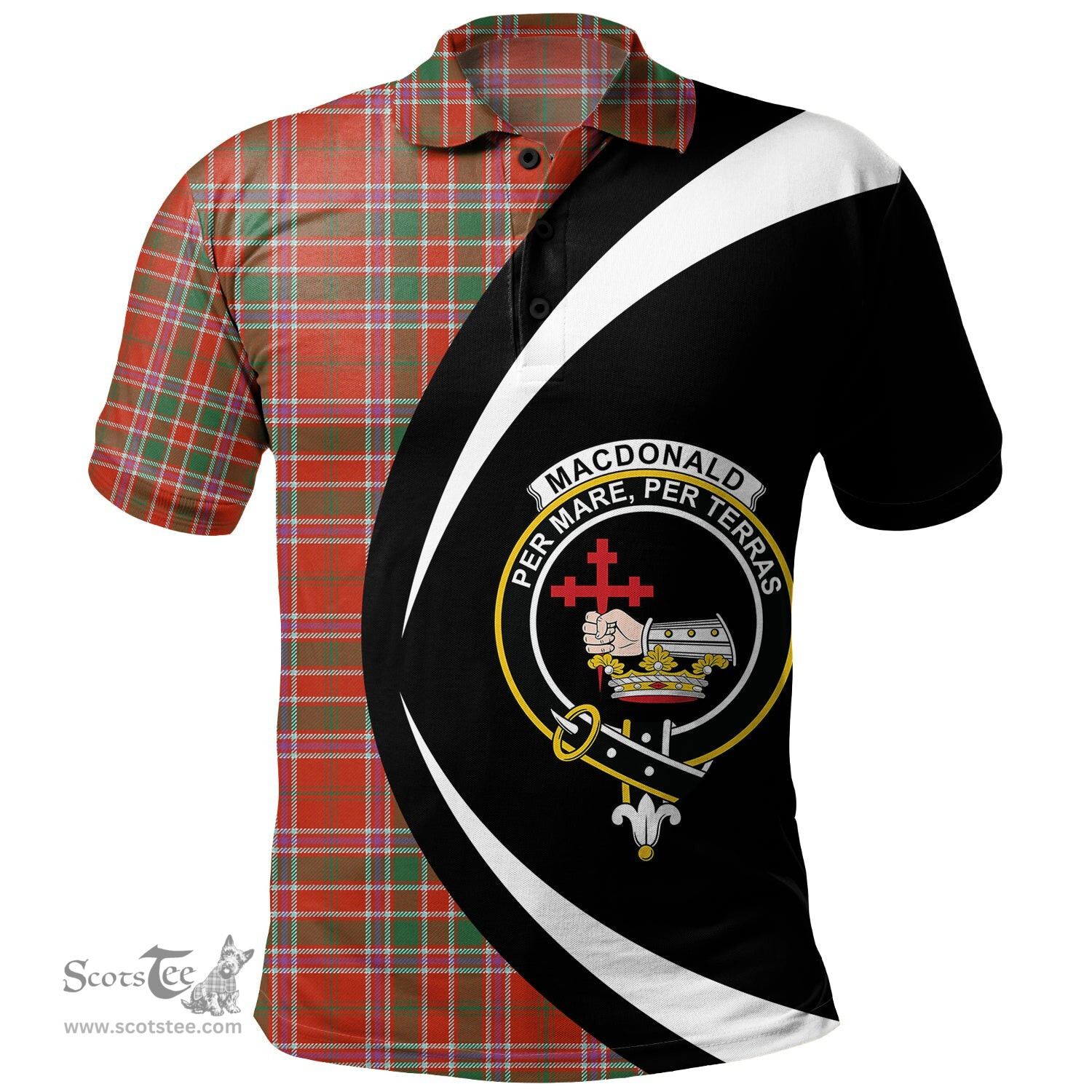 ScotsTee Shop Scottish MacDonald of Lochmaddy (Donald of Loch Mhaddy) Anceint Clan Crest Personalized Tartan Polo Shirt Circle Style Back Shirt with Your Text