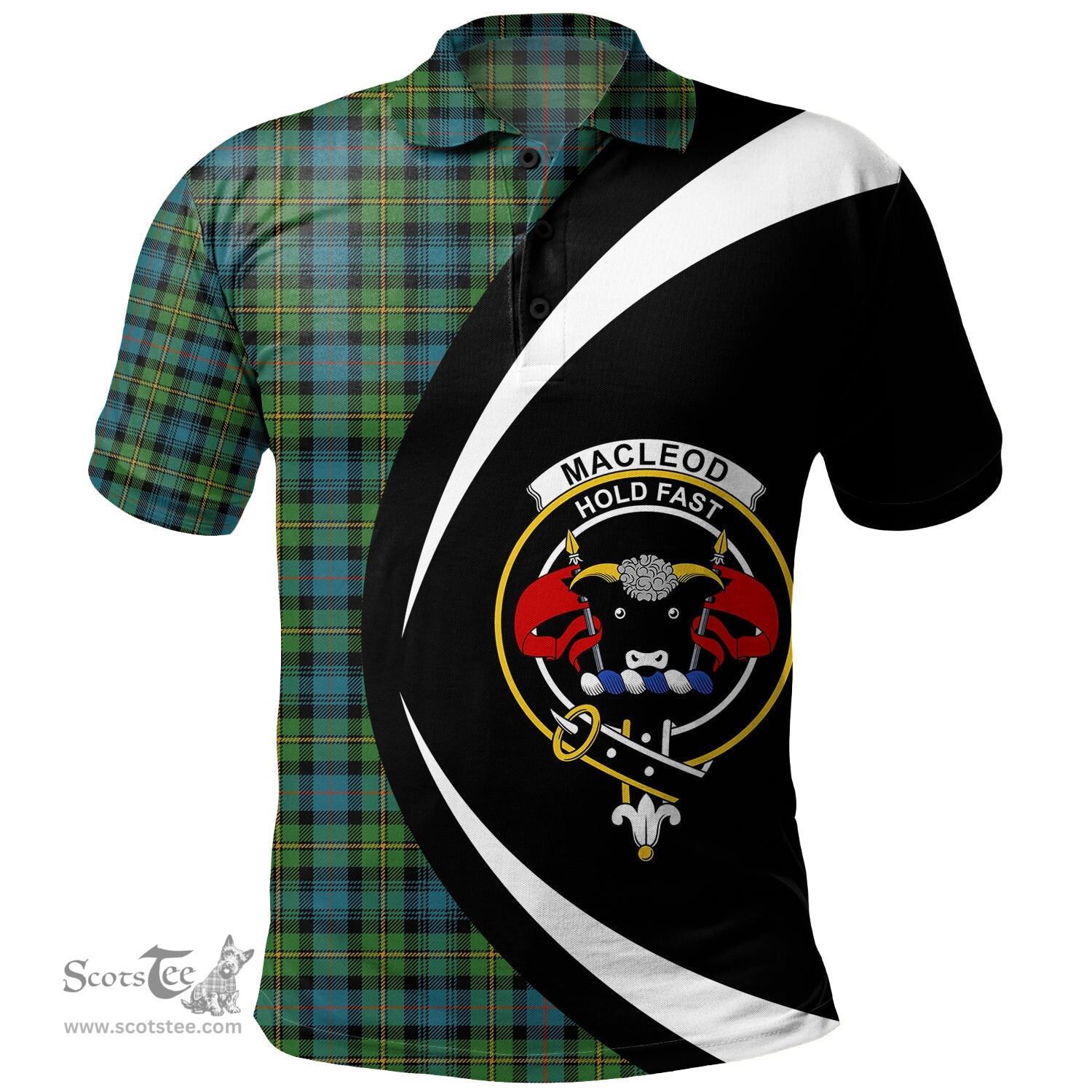 ScotsTee Shop Scottish MacLeod of Skye Ancient Clan Crest Personalized Tartan Polo Shirt Circle Style Back Shirt with Your Text