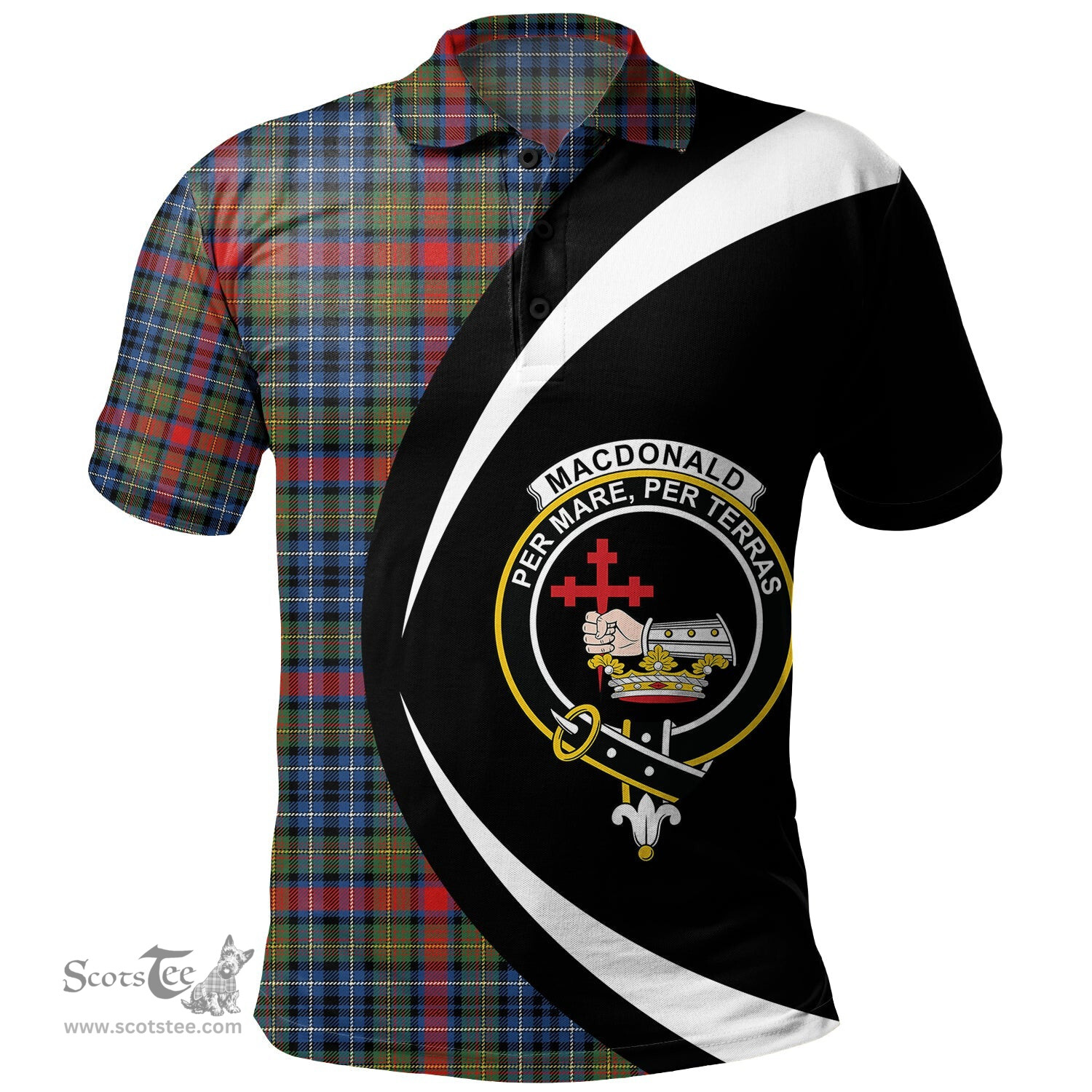 ScotsTee Shop Scottish MacDonald of P.E. Island (Donald of P.E. Island) Modern Clan Crest Personalized Tartan Polo Shirt Circle Style Back Shirt with Your Text