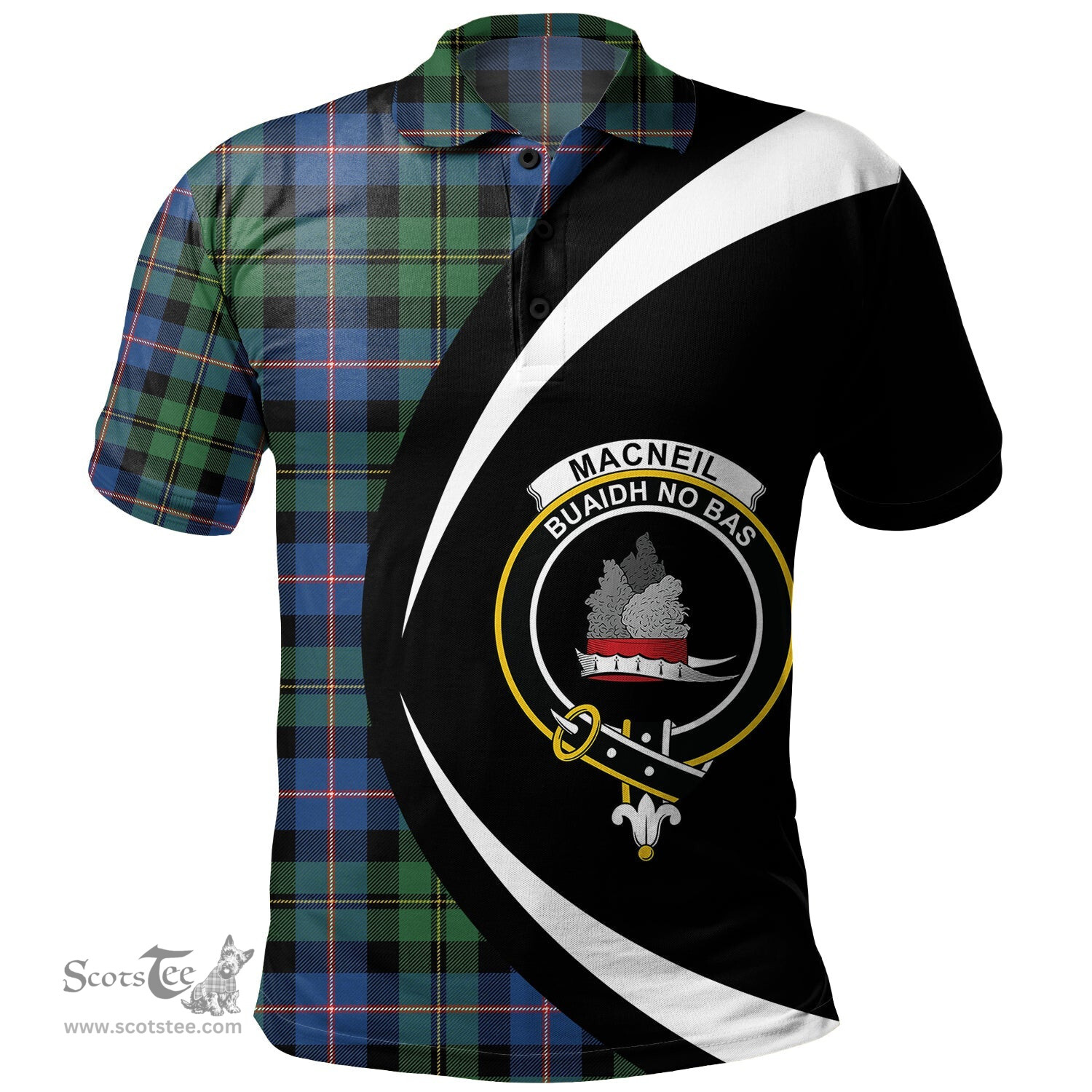 ScotsTee Shop Scottish MacNeil of Barra Old (MacNeill Old) Modern Clan Crest Personalized Tartan Polo Shirt Circle Style Back Shirt with Your Text