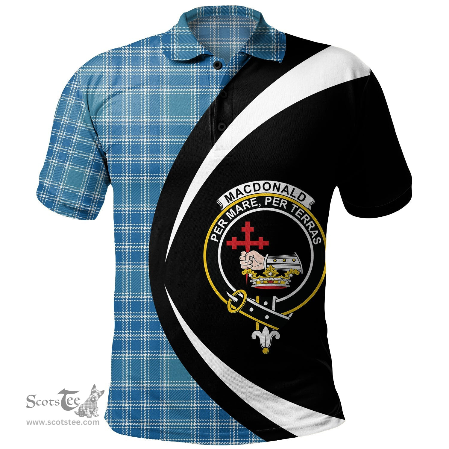 ScotsTee Shop Scottish MacDonald Lord of the Isles Hunting Blue (Donald Lord of the Isles Hunting Blue) Ancient Clan Crest Personalized Tartan Polo Shirt Circle Style Back Shirt with Your Text
