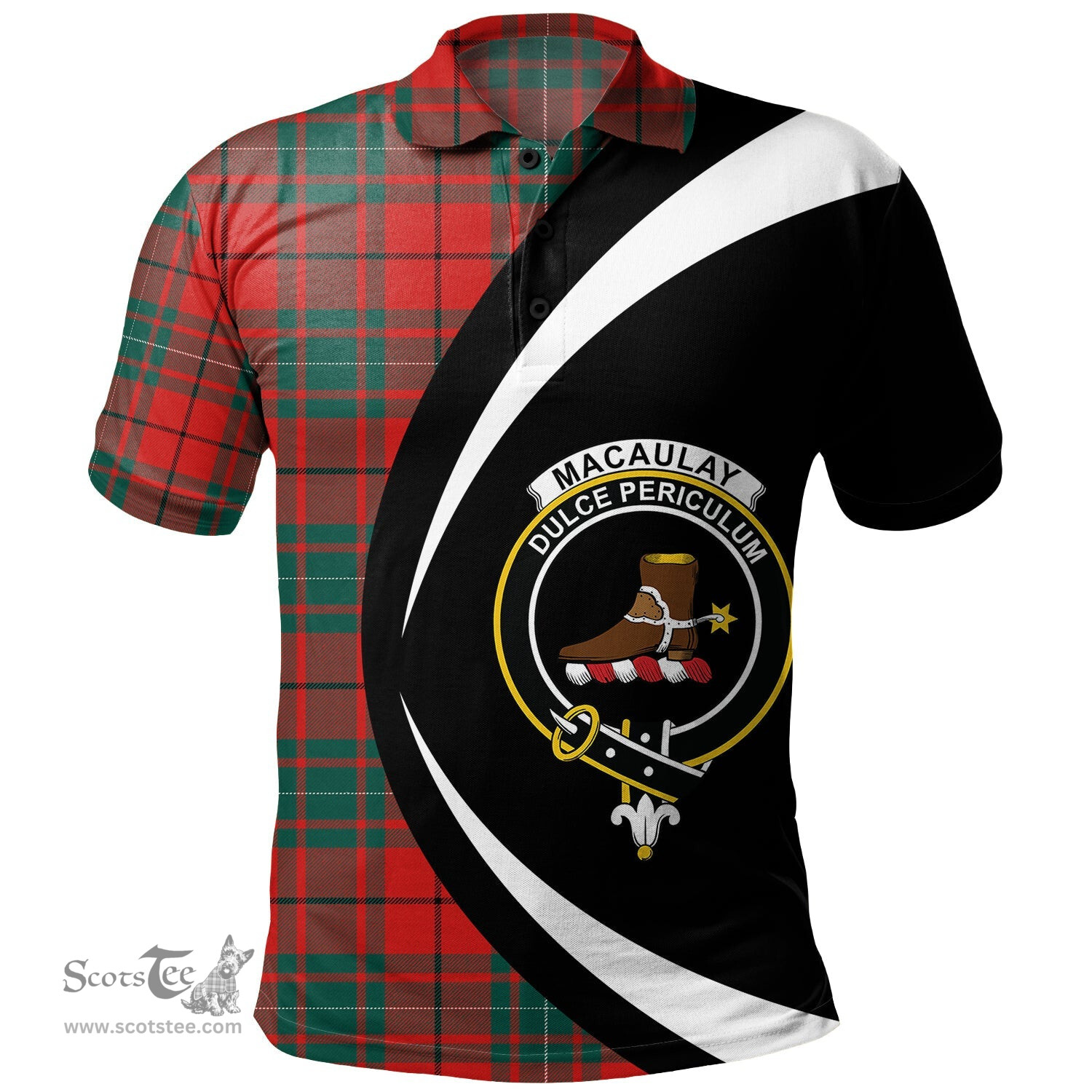 ScotsTee Shop Scottish MacAulay Modern Clan Crest Personalized Tartan Polo Shirt Circle Style Back Shirt with Your Text