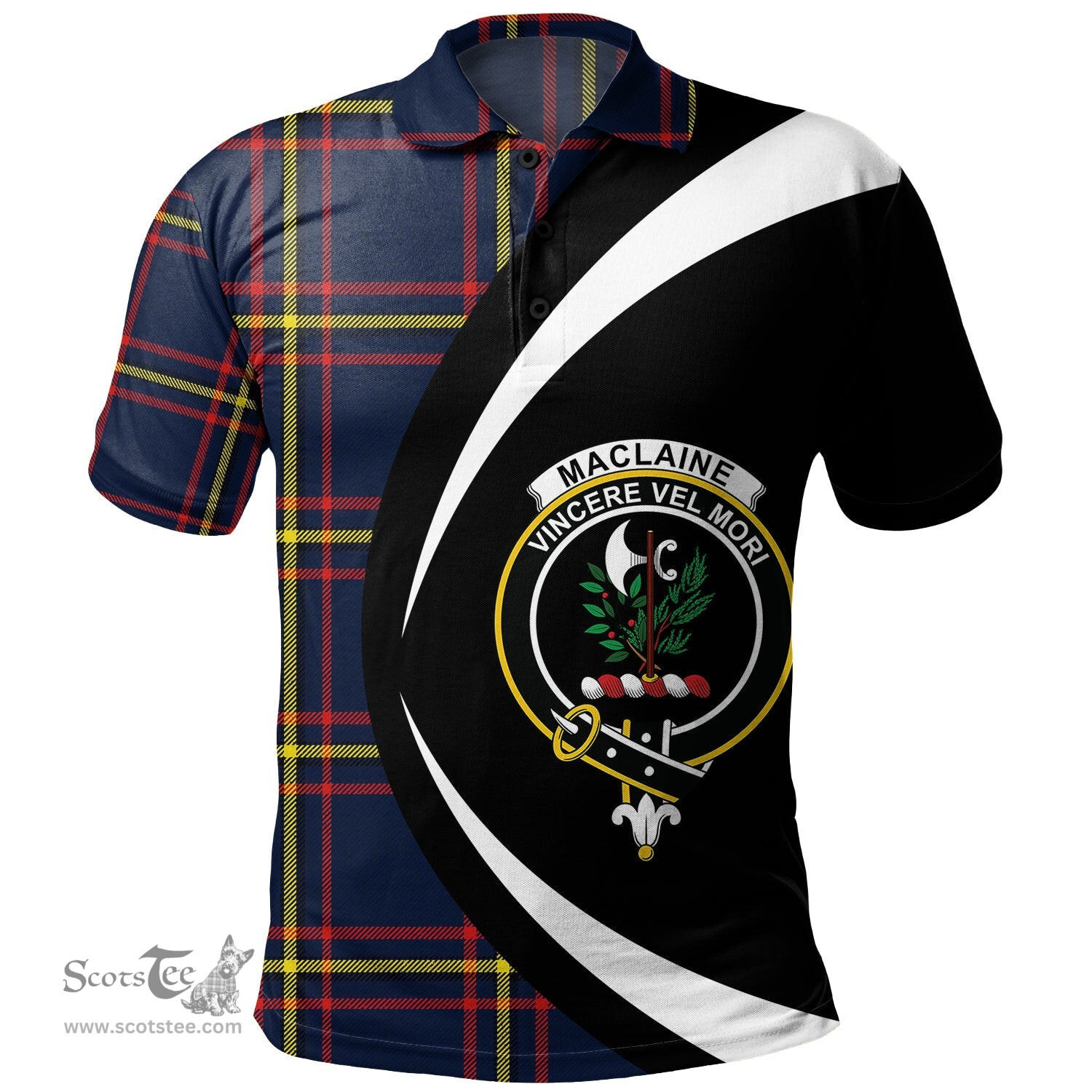 ScotsTee Shop Scottish MacLaine of LochBuie Hunting (MacLaine) Modern Clan Crest Personalized Tartan Polo Shirt Circle Style Back Shirt with Your Text