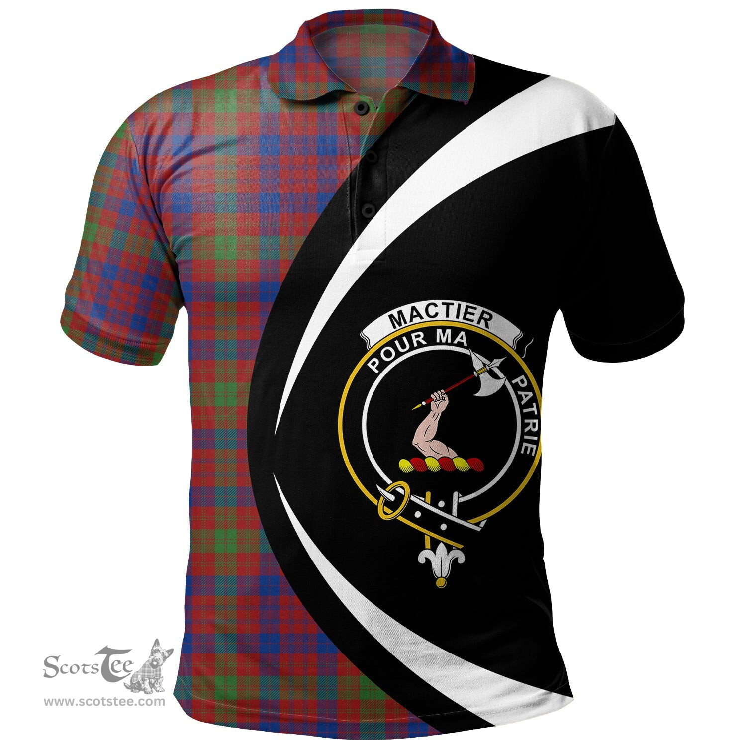 ScotsTee Shop Scottish MacTier Modern Clan Crest Personalized Tartan Polo Shirt Circle Style Back Shirt with Your Text