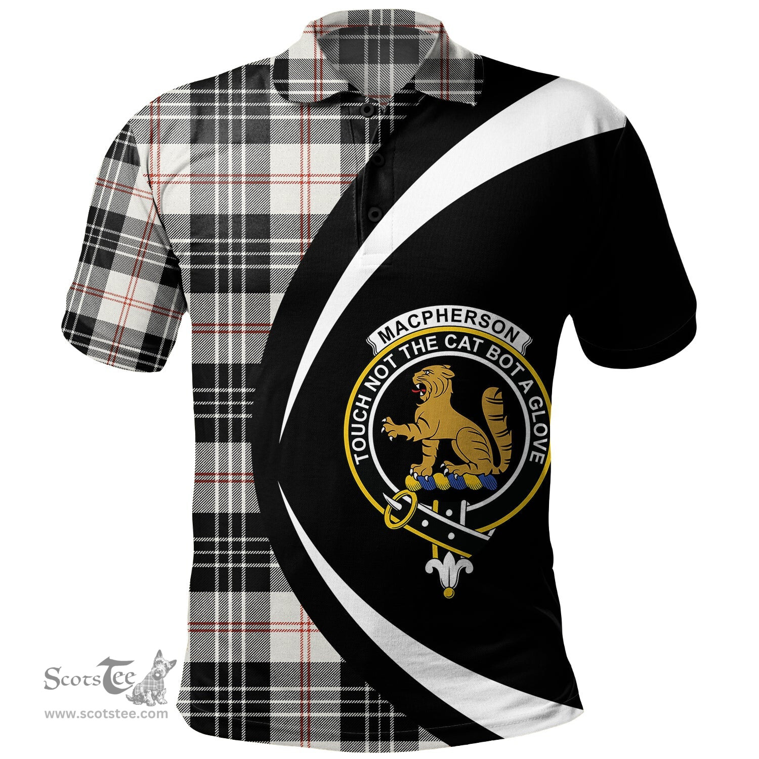 ScotsTee Shop Scottish MacPherson of Cluny Black & White Clan Crest Personalized Tartan Polo Shirt Circle Style Back Shirt with Your Text