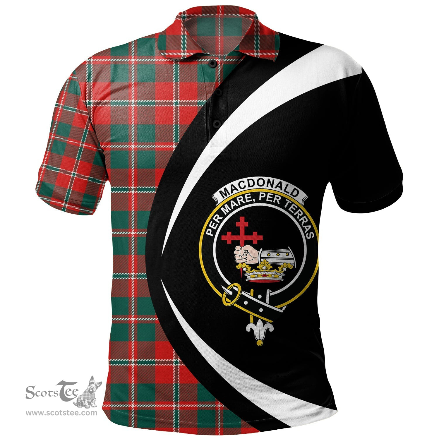 ScotsTee Shop Scottish MacDonald of Glenaladale (Donald of Glenaladale) 2006 Modern Clan Crest Personalized Tartan Polo Shirt Circle Style Back Shirt with Your Text