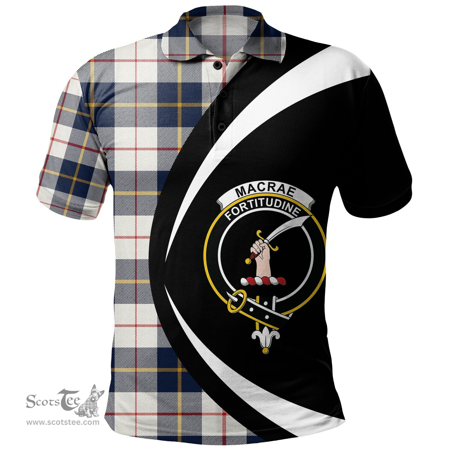 ScotsTee Shop Scottish MacRae of Conchra Modern Clan Crest Personalized Tartan Polo Shirt Circle Style Back Shirt with Your Text
