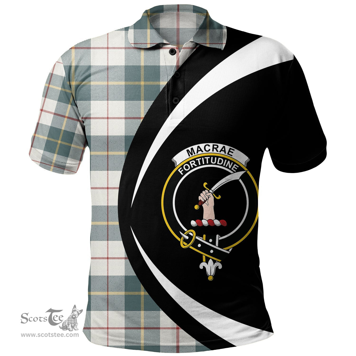 ScotsTee Shop Scottish MacRae of Conchra Weathered Clan Crest Personalized Tartan Polo Shirt Circle Style Back Shirt with Your Text