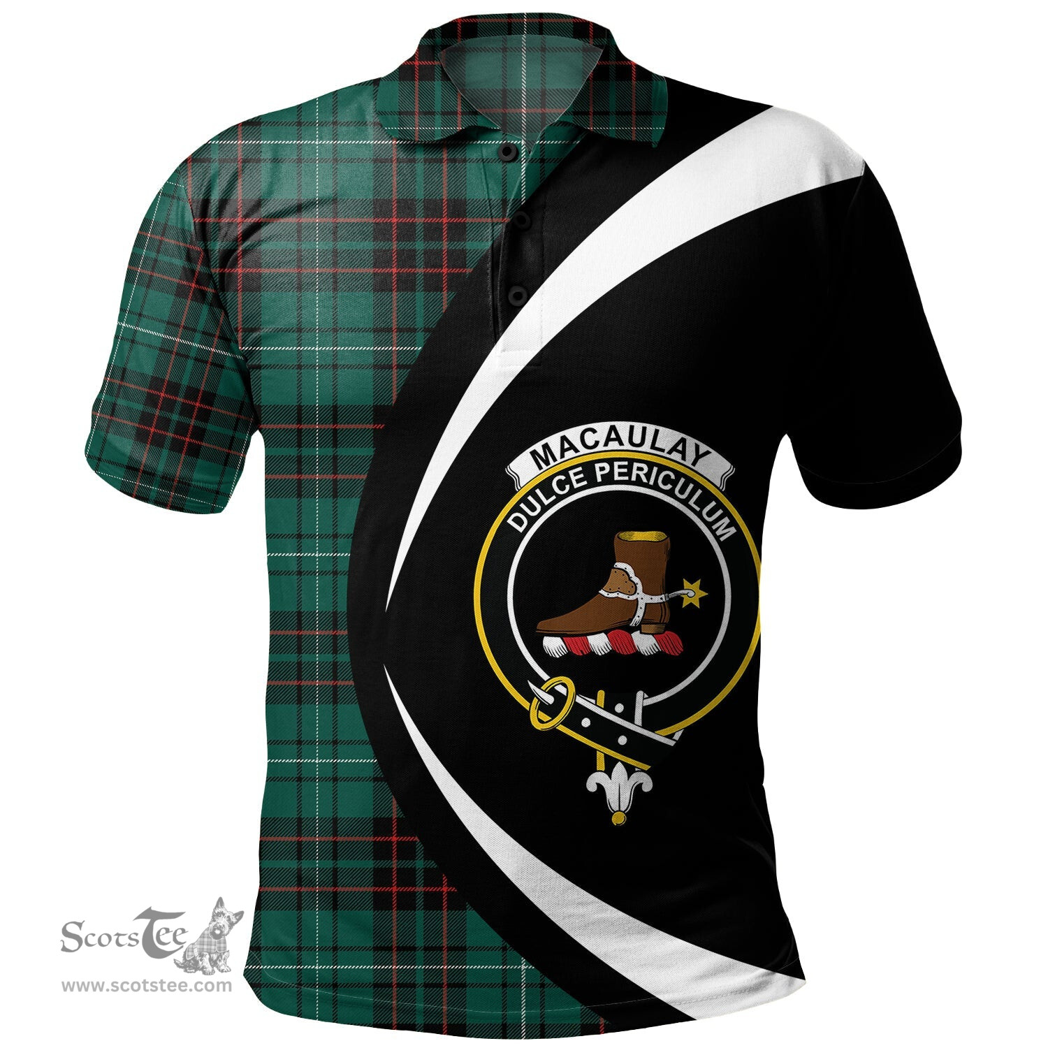 ScotsTee Shop Scottish MacAulay of Lewis Modern Clan Crest Personalized Tartan Polo Shirt Circle Style Back Shirt with Your Text