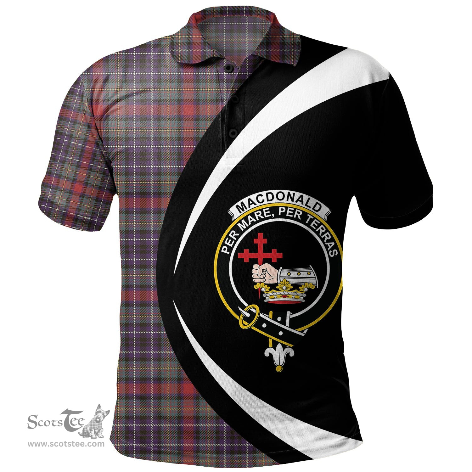 ScotsTee Shop Scottish MacDonald of P.E. Island (Donald of P.E. Island) Weathered Clan Crest Personalized Tartan Polo Shirt Circle Style Back Shirt with Your Text