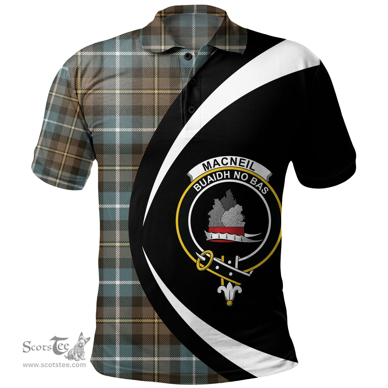 ScotsTee Shop Scottish MacNeil of Barra (MacNeil MacNeill) Weathered Clan Crest Personalized Tartan Polo Shirt Circle Style Back Shirt with Your Text