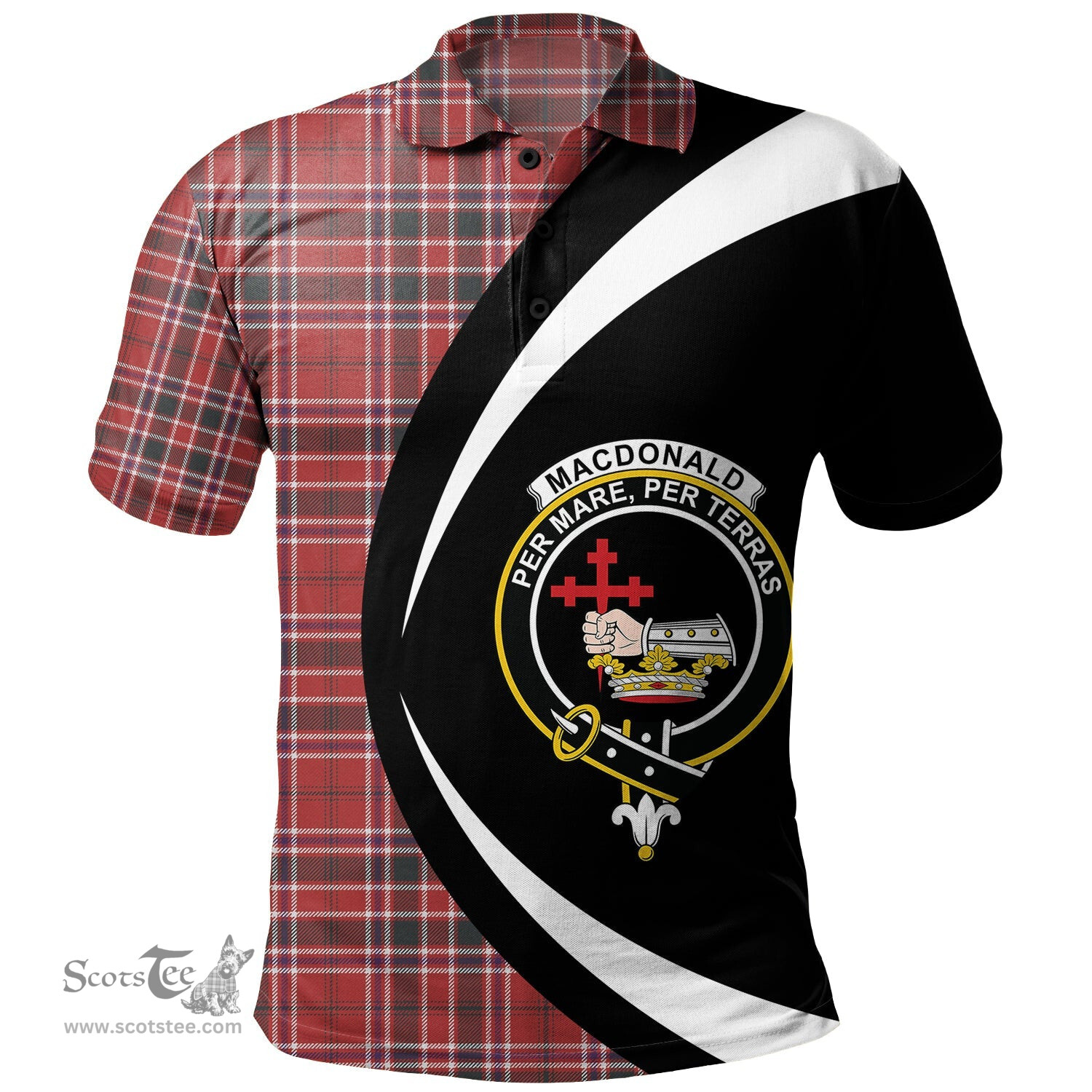 ScotsTee Shop Scottish MacDonald of Lochmaddy (Donald of Loch Mhaddy) Weathered Clan Crest Personalized Tartan Polo Shirt Circle Style Back Shirt with Your Text