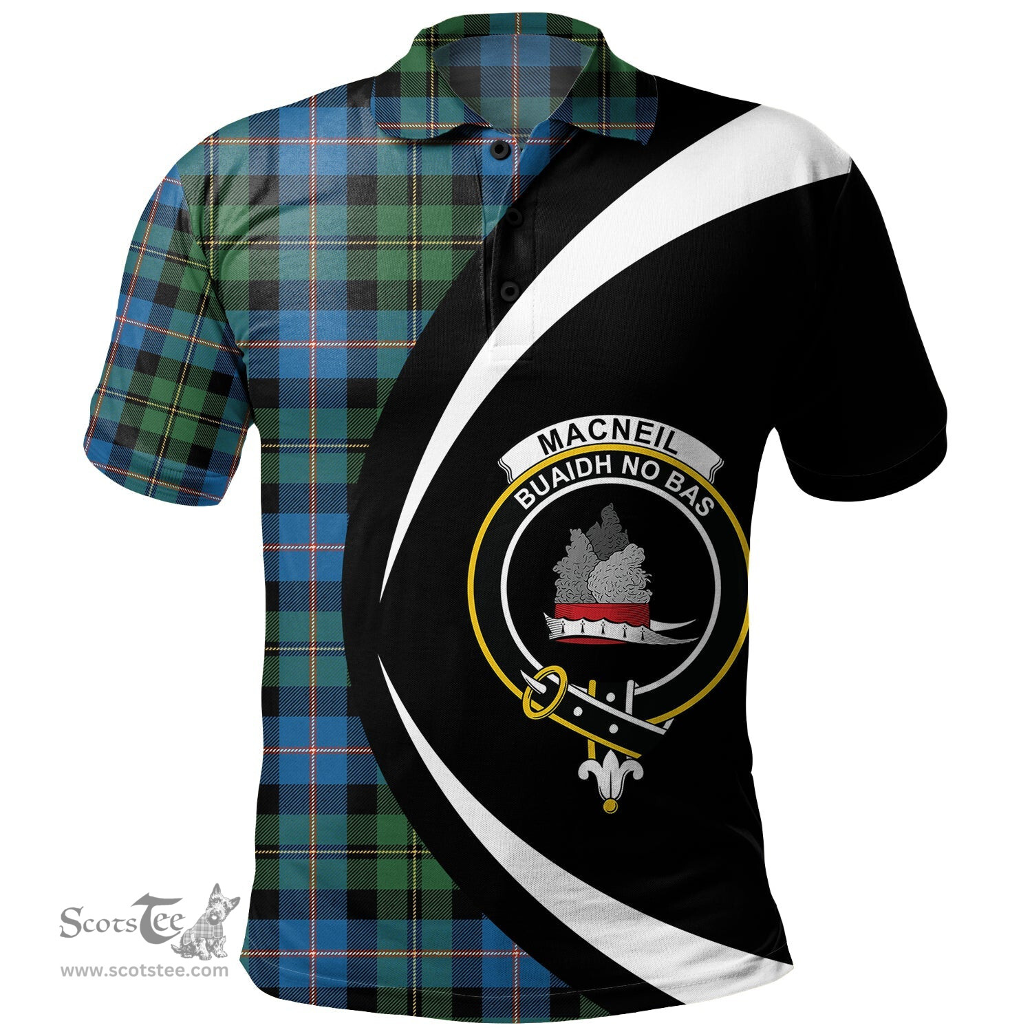 ScotsTee Shop Scottish MacNeil of Barra Old (MacNeill Old) Ancient Clan Crest Personalized Tartan Polo Shirt Circle Style Back Shirt with Your Text
