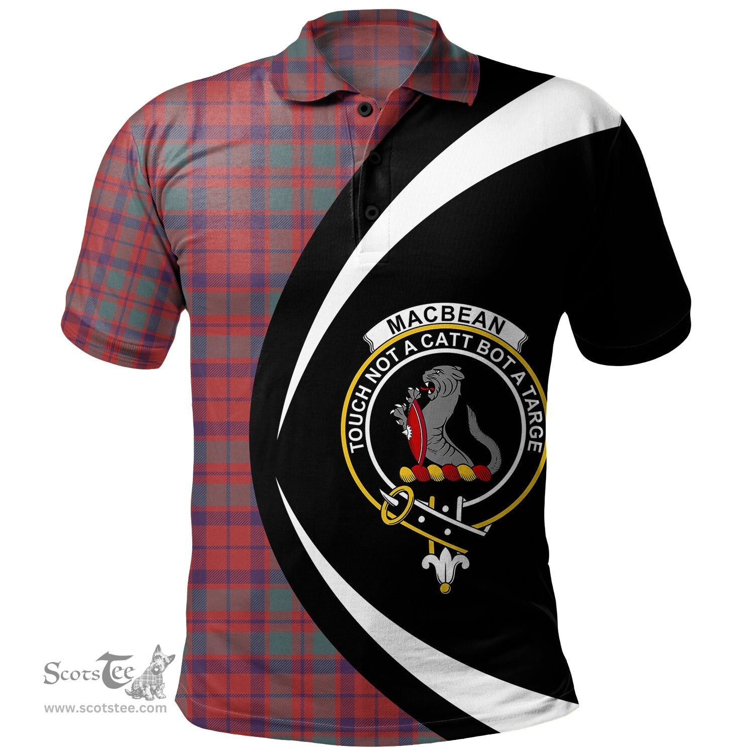 ScotsTee Shop Scottish MacBean of Tomatin (MacBain of Tomatin) Weathered Clan Crest Personalized Tartan Polo Shirt Circle Style Back Shirt with Your Text