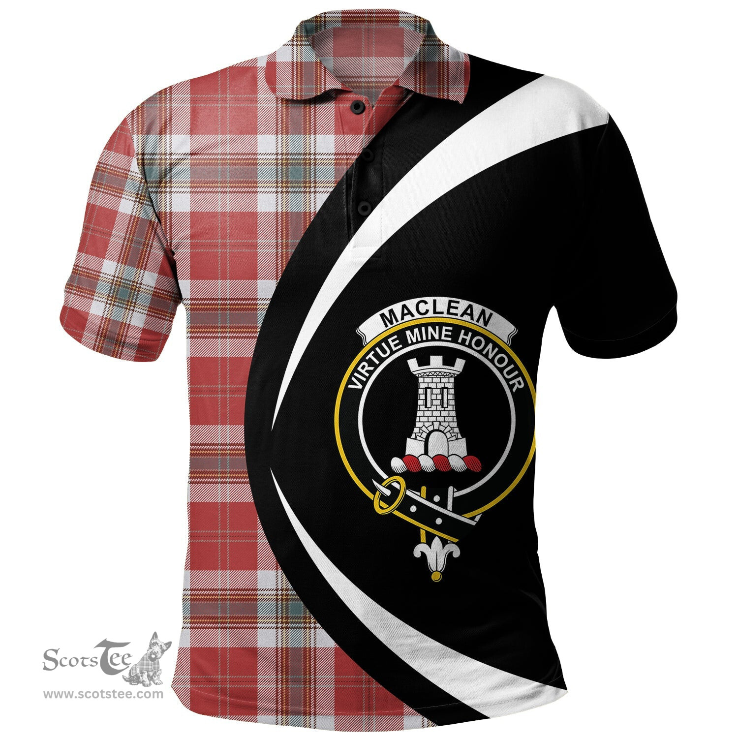 ScotsTee Shop Scottish MacLean of Duart Dress Red Weathered Clan Crest Personalized Tartan Polo Shirt Circle Style Back Shirt with Your Text