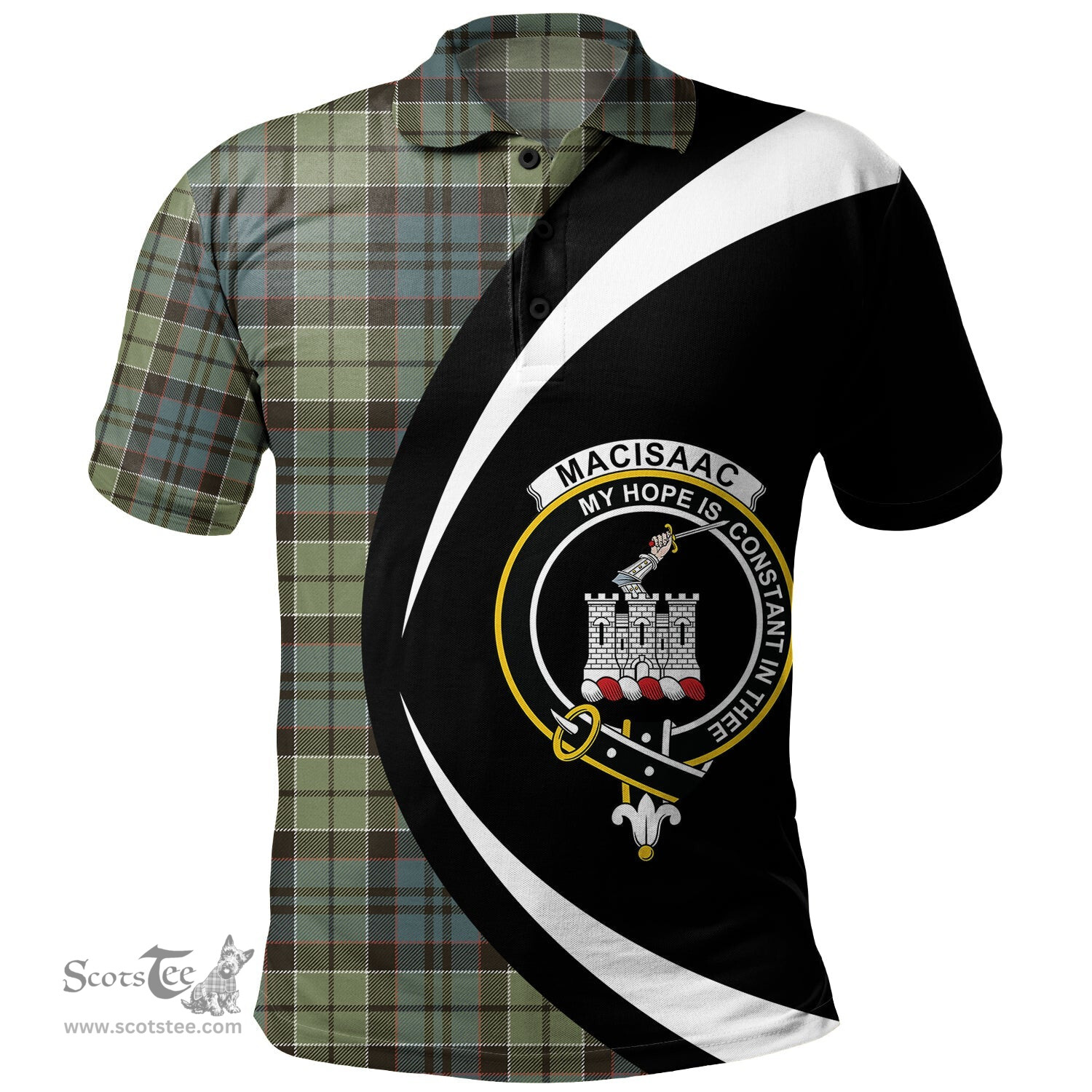 ScotsTee Shop Scottish MacIsaac Weathered Clan Crest Personalized Tartan Polo Shirt Circle Style Back Shirt with Your Text