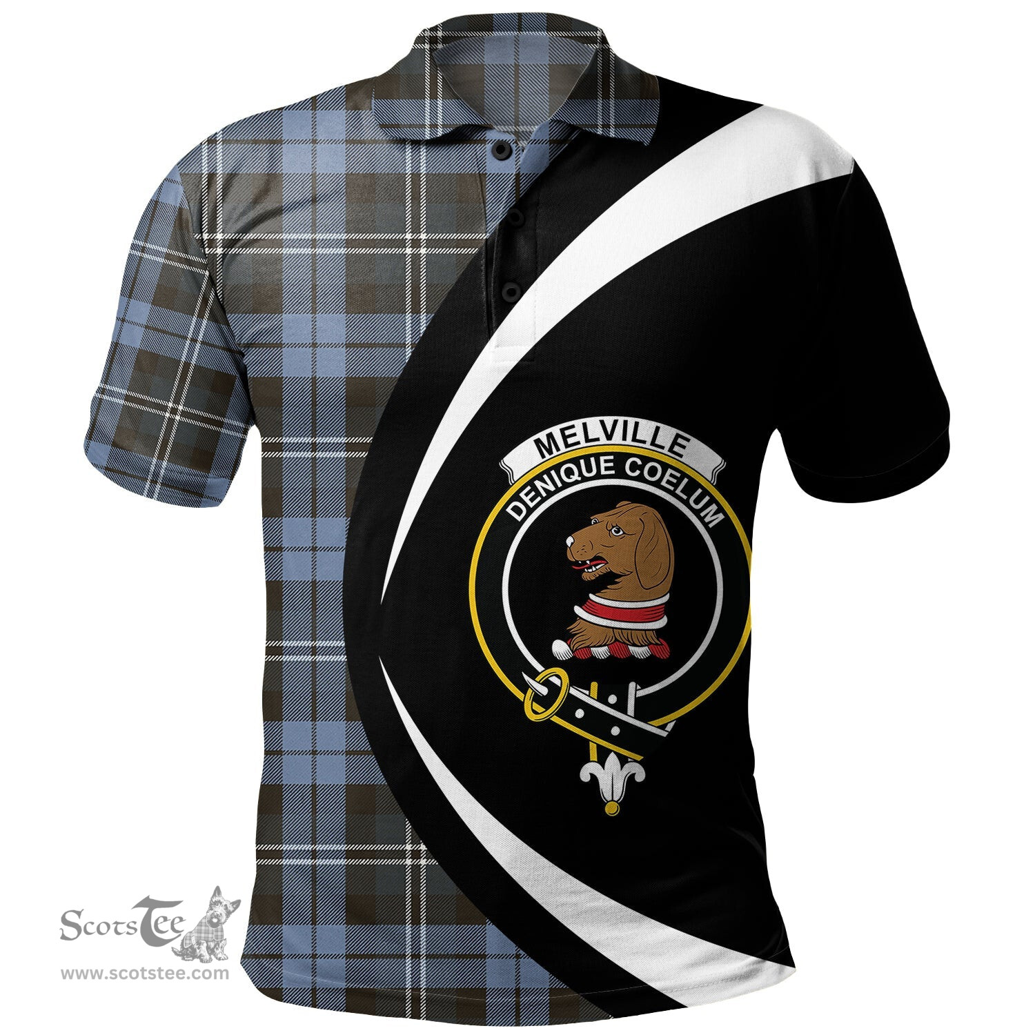 ScotsTee Shop Scottish Melville Weathered Clan Crest Personalized Tartan Polo Shirt Circle Style Back Shirt with Your Text