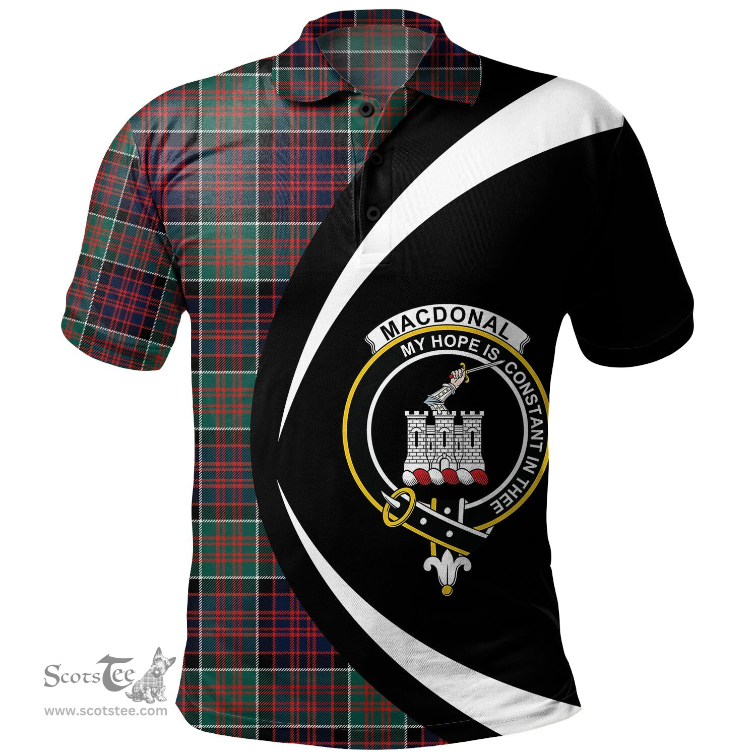 ScotsTee Shop Scottish MacDonald of Clanranald Modern Clan Crest Personalized Tartan Polo Shirt Circle Style Back Shirt with Your Text