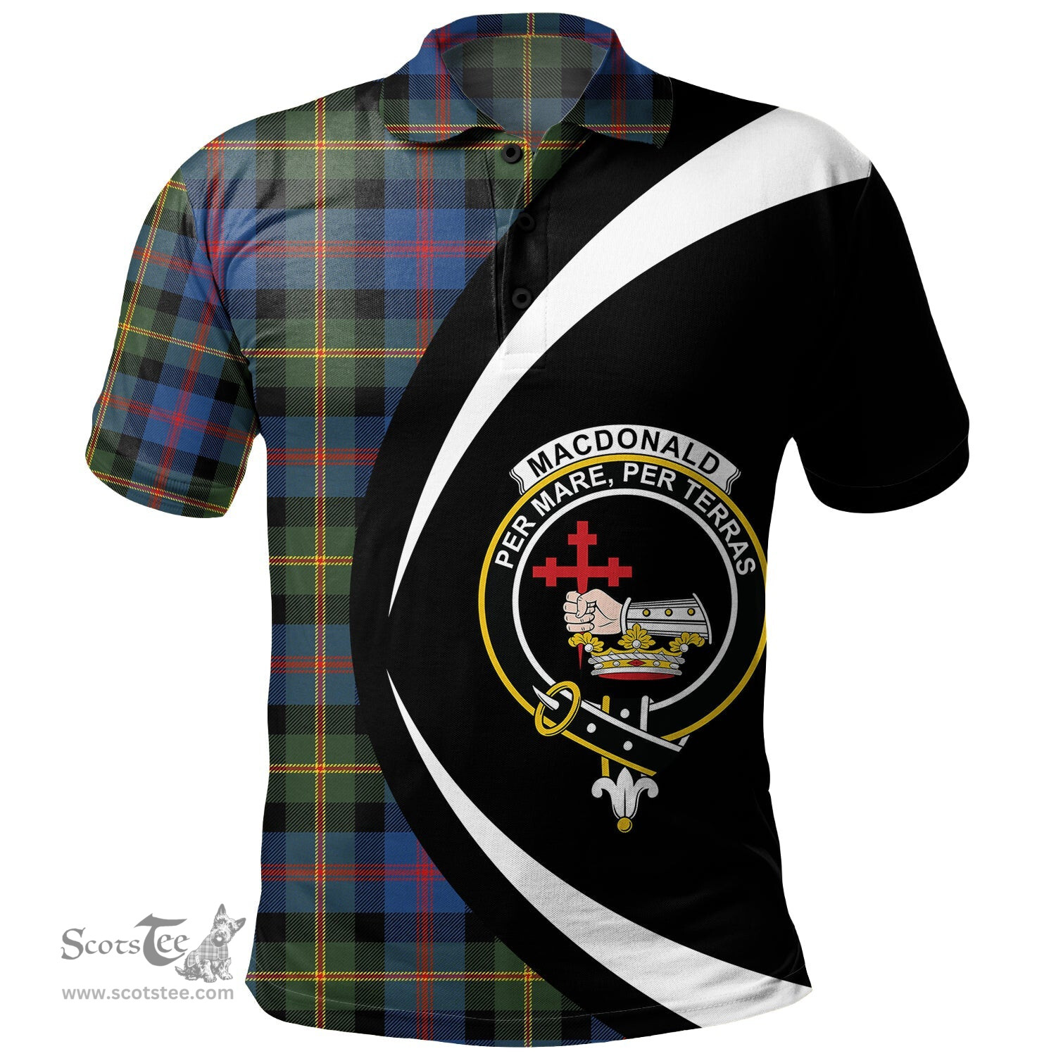 ScotsTee Shop Scottish MacDonald of Borrodale (Donald Borrodale Historic) Modern Clan Crest Personalized Tartan Polo Shirt Circle Style Back Shirt with Your Text