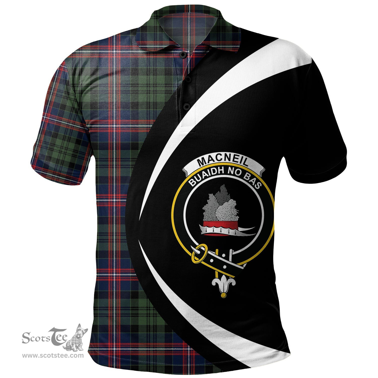 ScotsTee Shop Scottish MacNeil of Colonsay (MacNeil of Barra of Colonsay) (Highland Society of London) Modern Clan Crest Personalized Tartan Polo Shirt Circle Style Back Shirt with Your Text