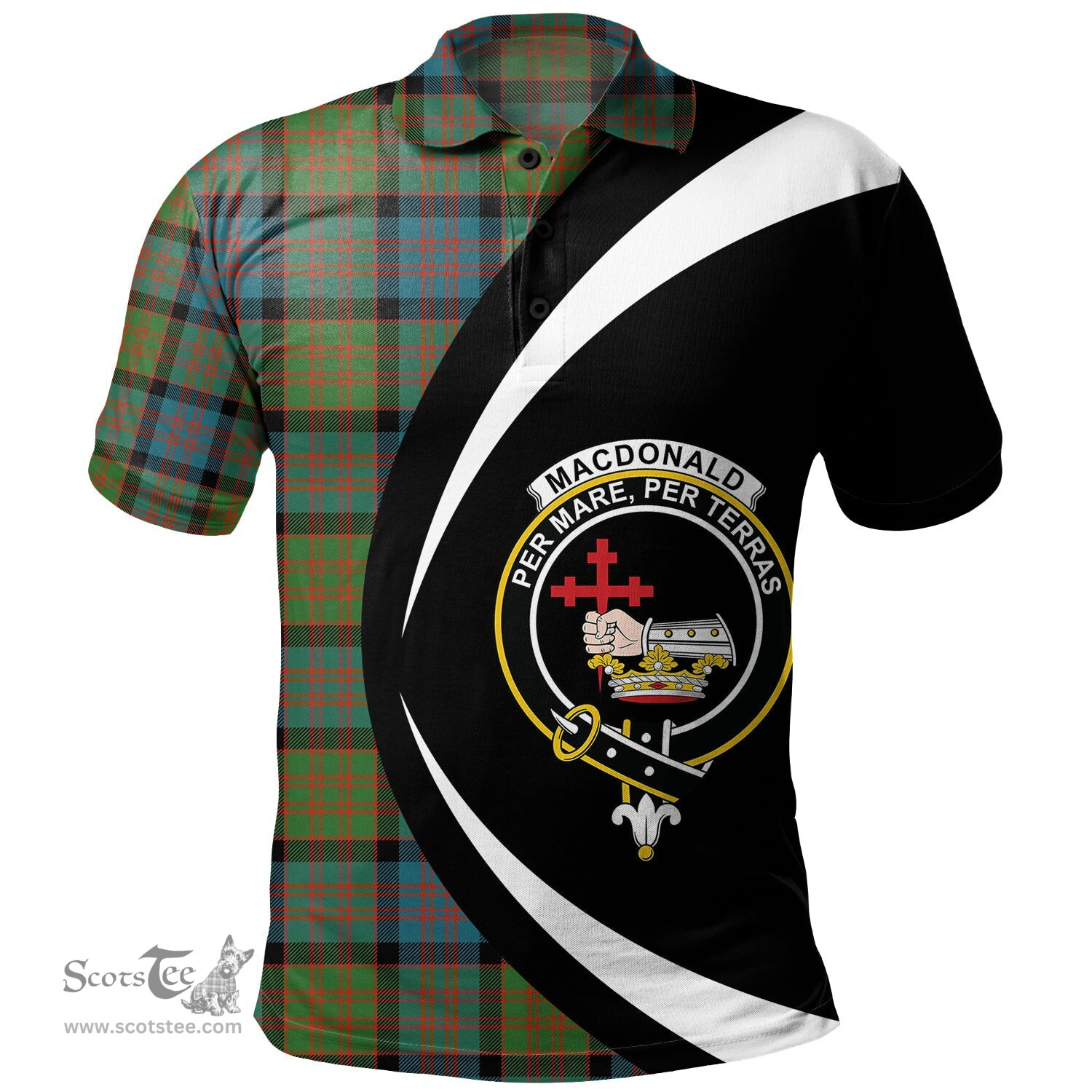 ScotsTee Shop Scottish MacDonald (Donald) Ancient Clan Crest Personalized Tartan Polo Shirt Circle Style Back Shirt with Your Text