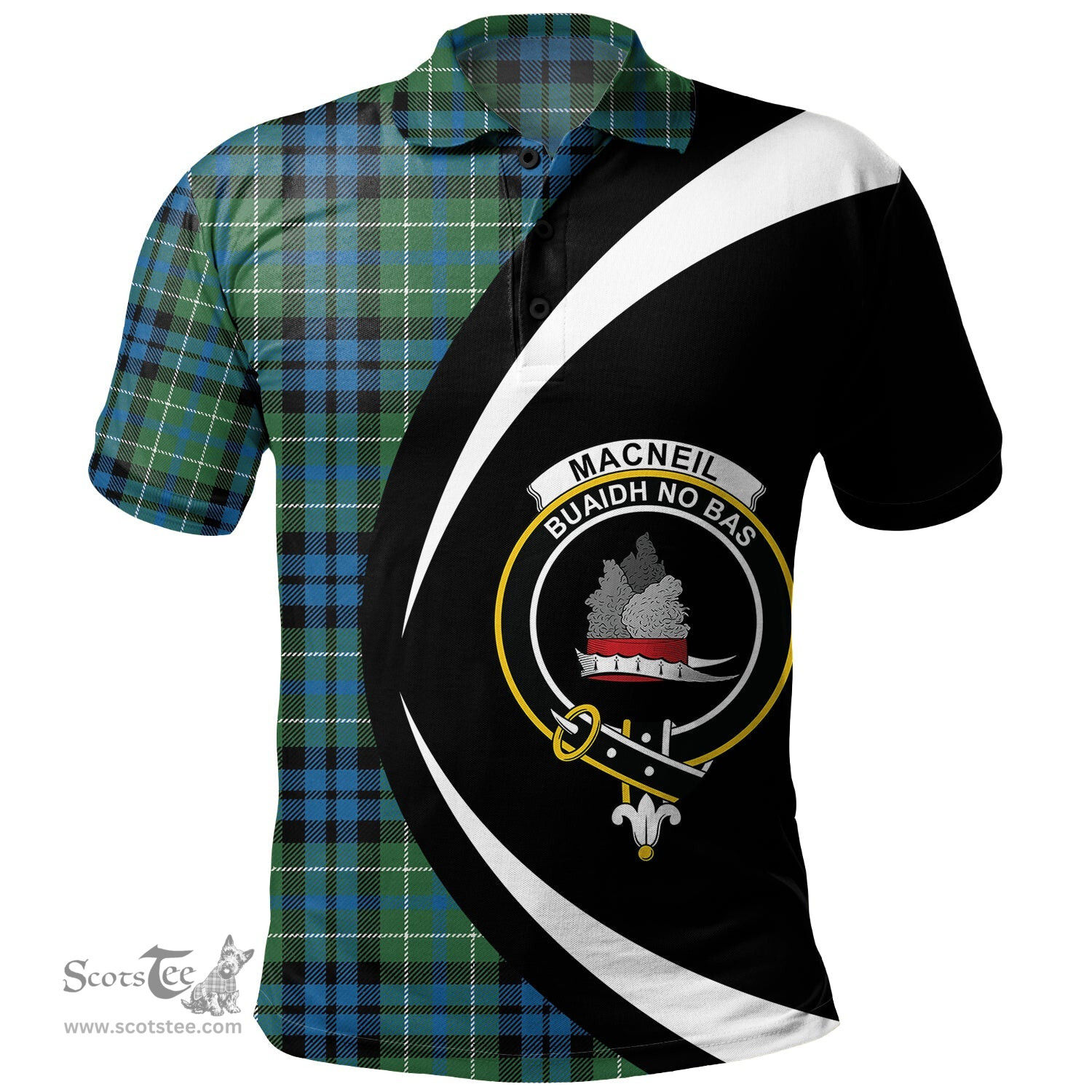 ScotsTee Shop Scottish MacNeil of Colonsay (MacNeil of Barra of Colonsay) Ancient Clan Crest Personalized Tartan Polo Shirt Circle Style Back Shirt with Your Text