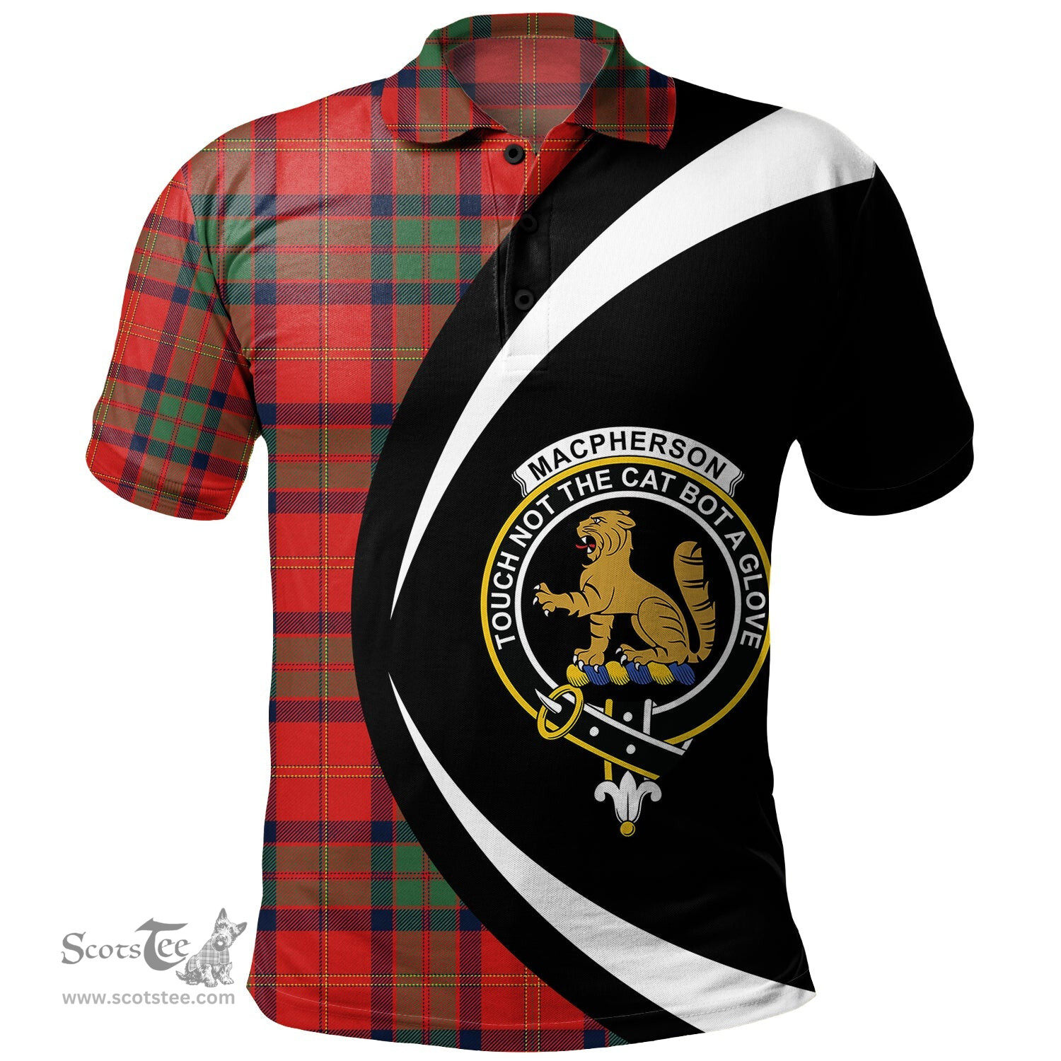 ScotsTee Shop Scottish MacPherson of Cluny Modern Clan Crest Personalized Tartan Polo Shirt Circle Style Back Shirt with Your Text