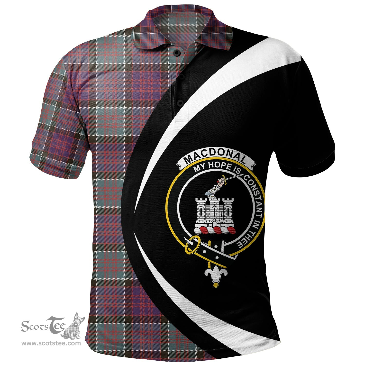 ScotsTee Shop Scottish MacDonald of Clanranald (Donald of Clanranald) Weathered Clan Crest Personalized Tartan Polo Shirt Circle Style Back Shirt with Your Text