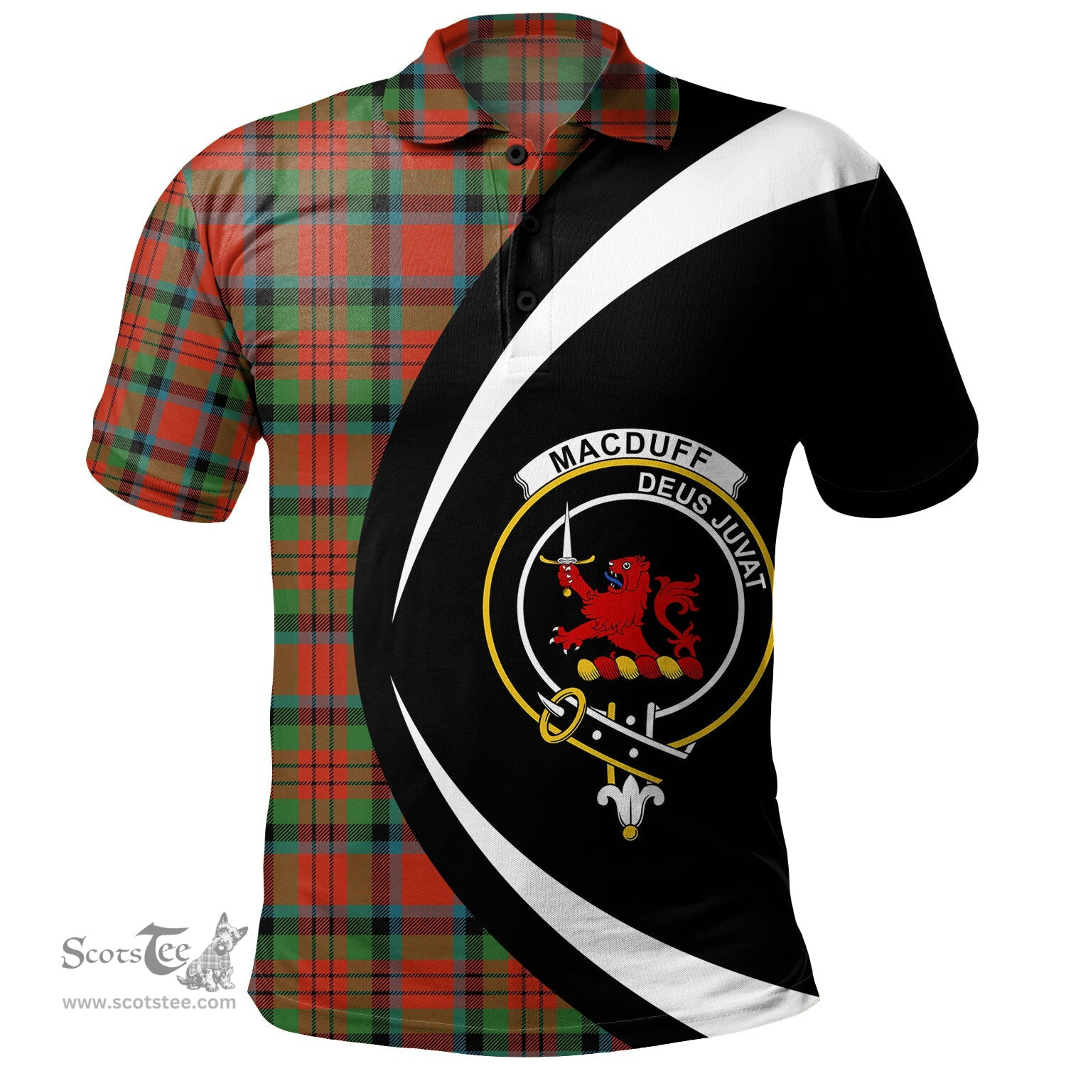 ScotsTee Shop Scottish MacDuff Ancient Clan Crest Personalized Tartan Polo Shirt Circle Style Back Shirt with Your Text