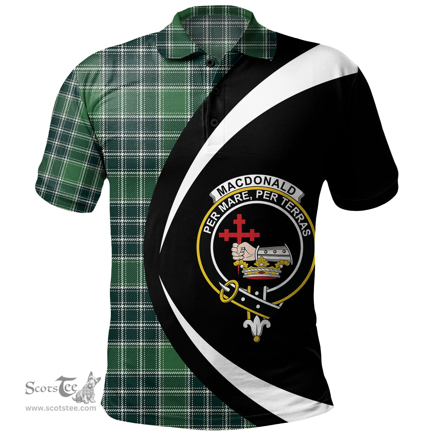 ScotsTee Shop Scottish MacDonald Lord of the Isles; Hunting Modern Clan Crest Personalized Tartan Polo Shirt Circle Style Back Shirt with Your Text