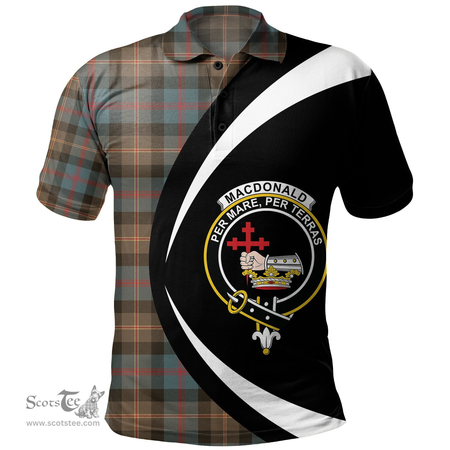 ScotsTee Shop Scottish MacDonald of Borrodale (Donald Borrodale Historic) Weathered Clan Crest Personalized Tartan Polo Shirt Circle Style Back Shirt with Your Text