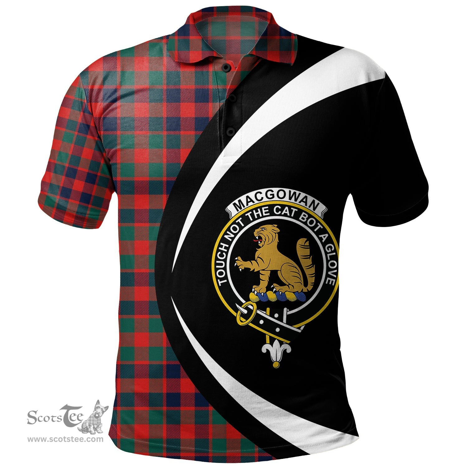 ScotsTee Shop Scottish MacGowan (Gow) Modern Clan Crest Personalized Tartan Polo Shirt Circle Style Back Shirt with Your Text