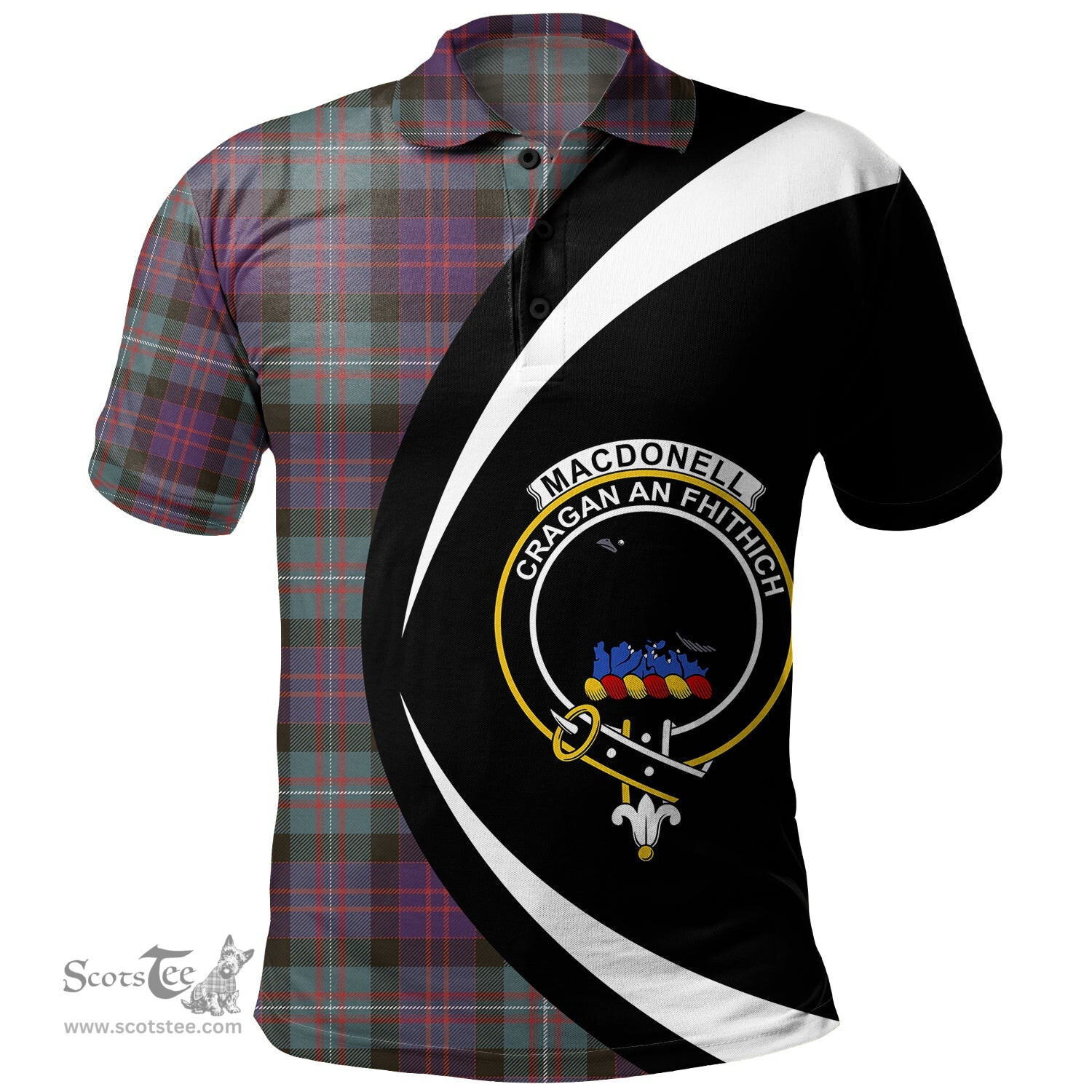 ScotsTee Shop Scottish MacDonell of Glengarry Weathered Clan Crest Personalized Tartan Polo Shirt Circle Style Back Shirt with Your Text