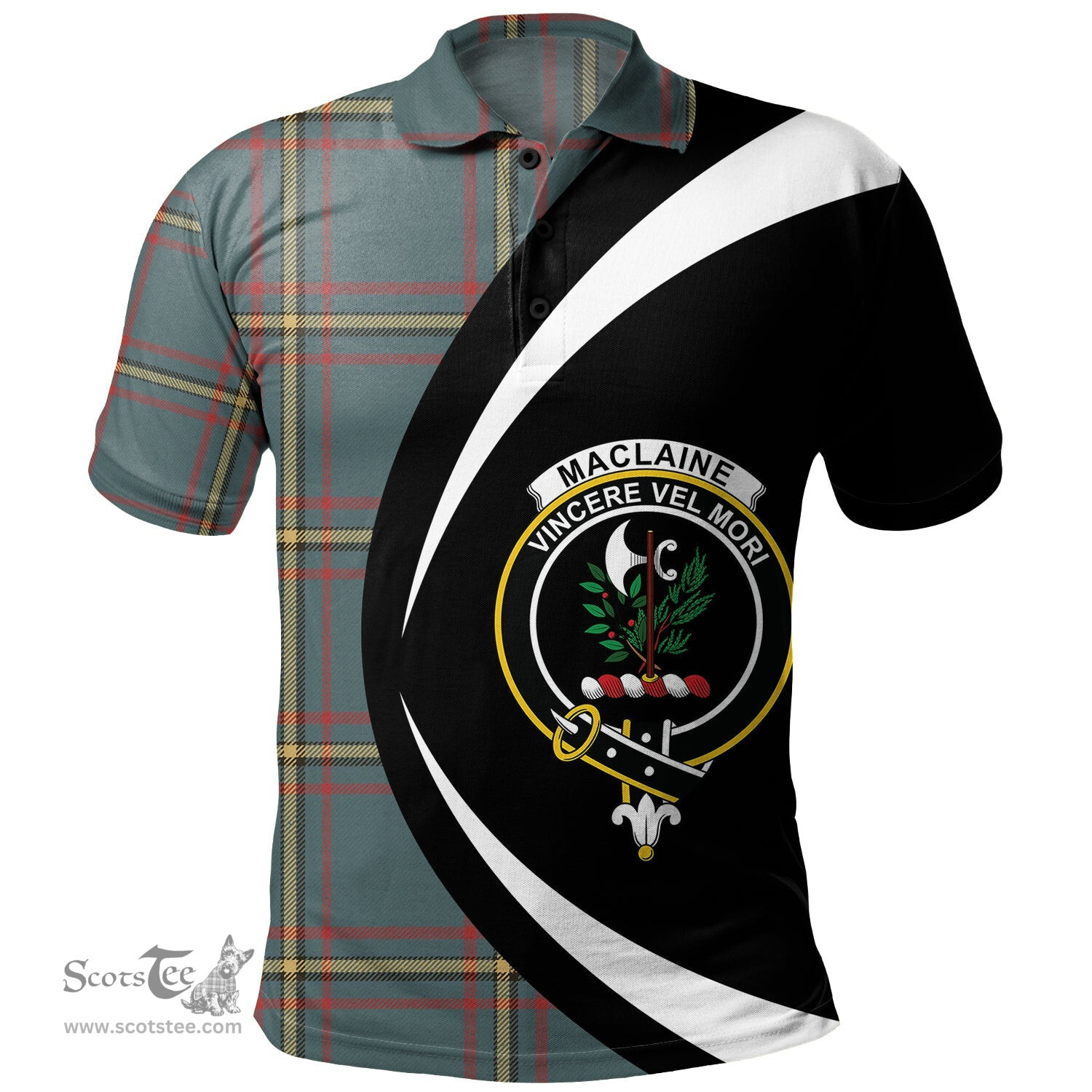 ScotsTee Shop Scottish MacLaine of LochBuie Hunting (MacLaine) Weathered Clan Crest Personalized Tartan Polo Shirt Circle Style Back Shirt with Your Text