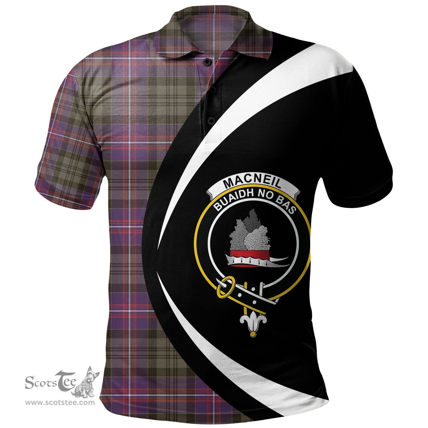 ScotsTee Shop Scottish MacNeil of Colonsay (MacNeil of Barra of Colonsay) (Highland Society of London) Weathered Clan Crest Personalized Tartan Polo Shirt Circle Style Back Shirt with Your Text