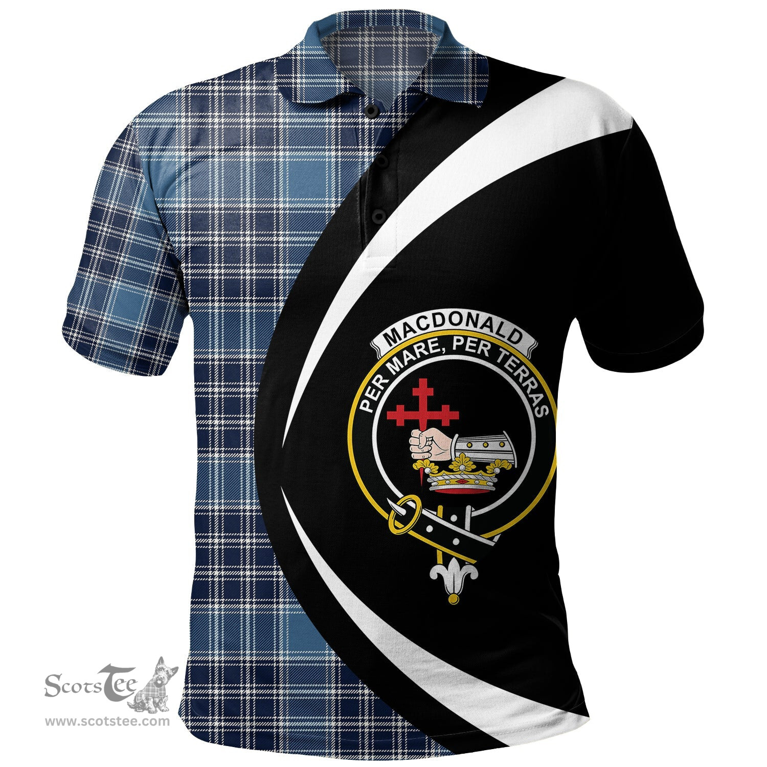 ScotsTee Shop Scottish MacDonald Lord of the Isles Hunting Blue (Donald Lord of the Isles Hunting Blue) Modern Clan Crest Personalized Tartan Polo Shirt Circle Style Back Shirt with Your Text
