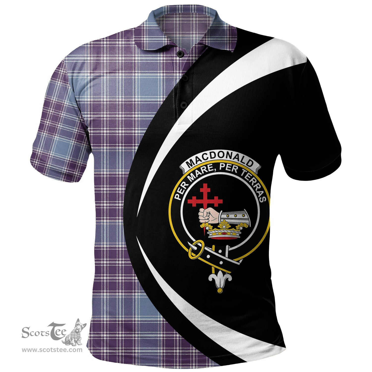 ScotsTee Shop Scottish MacDonald Lord of the Isles Hunting Blue (Donald Lord of the Isles Hunting Blue) Weathered Clan Crest Personalized Tartan Polo Shirt Circle Style Back Shirt with Your Text