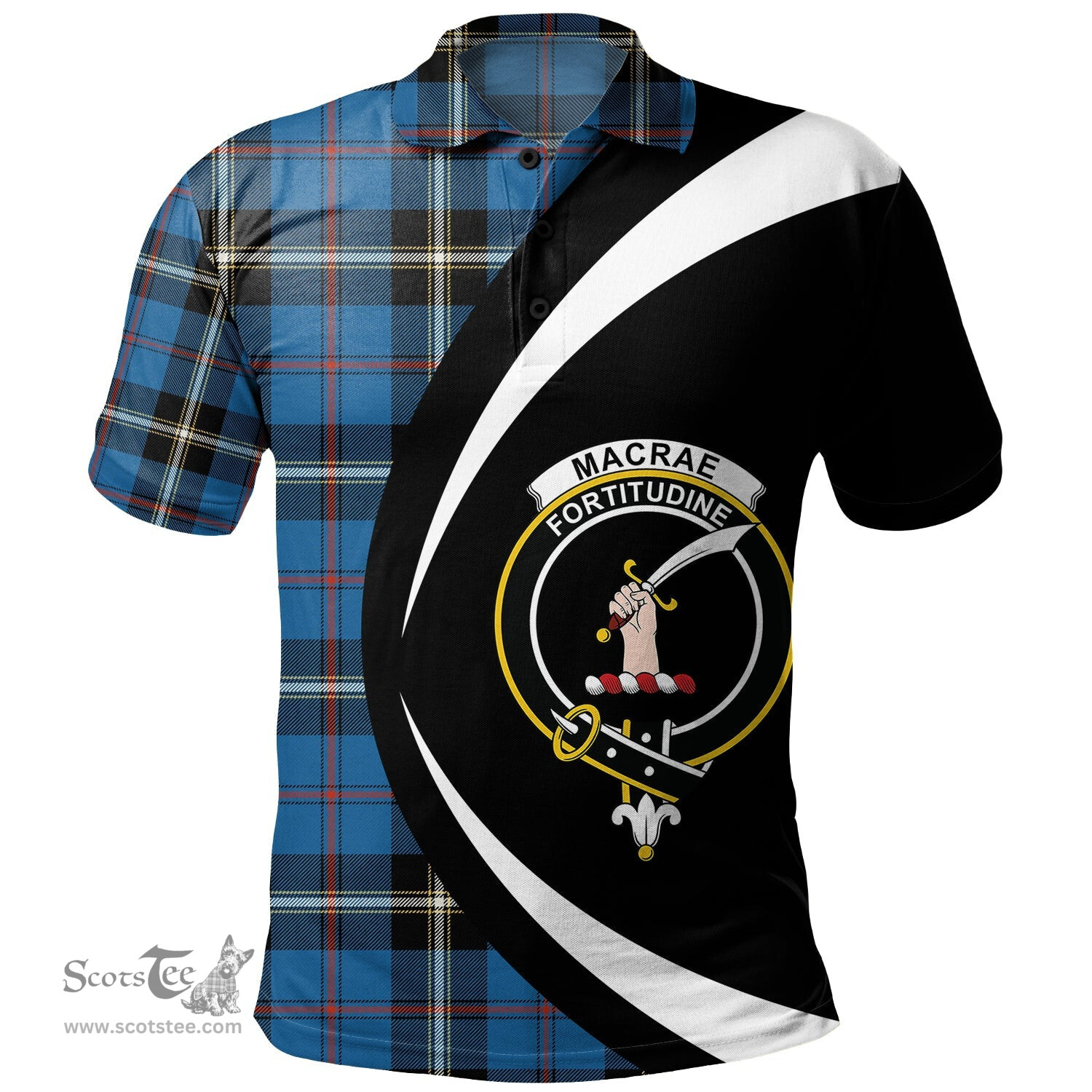 ScotsTee Shop Scottish MacRae of America Ancient Clan Crest Personalized Tartan Polo Shirt Circle Style Back Shirt with Your Text
