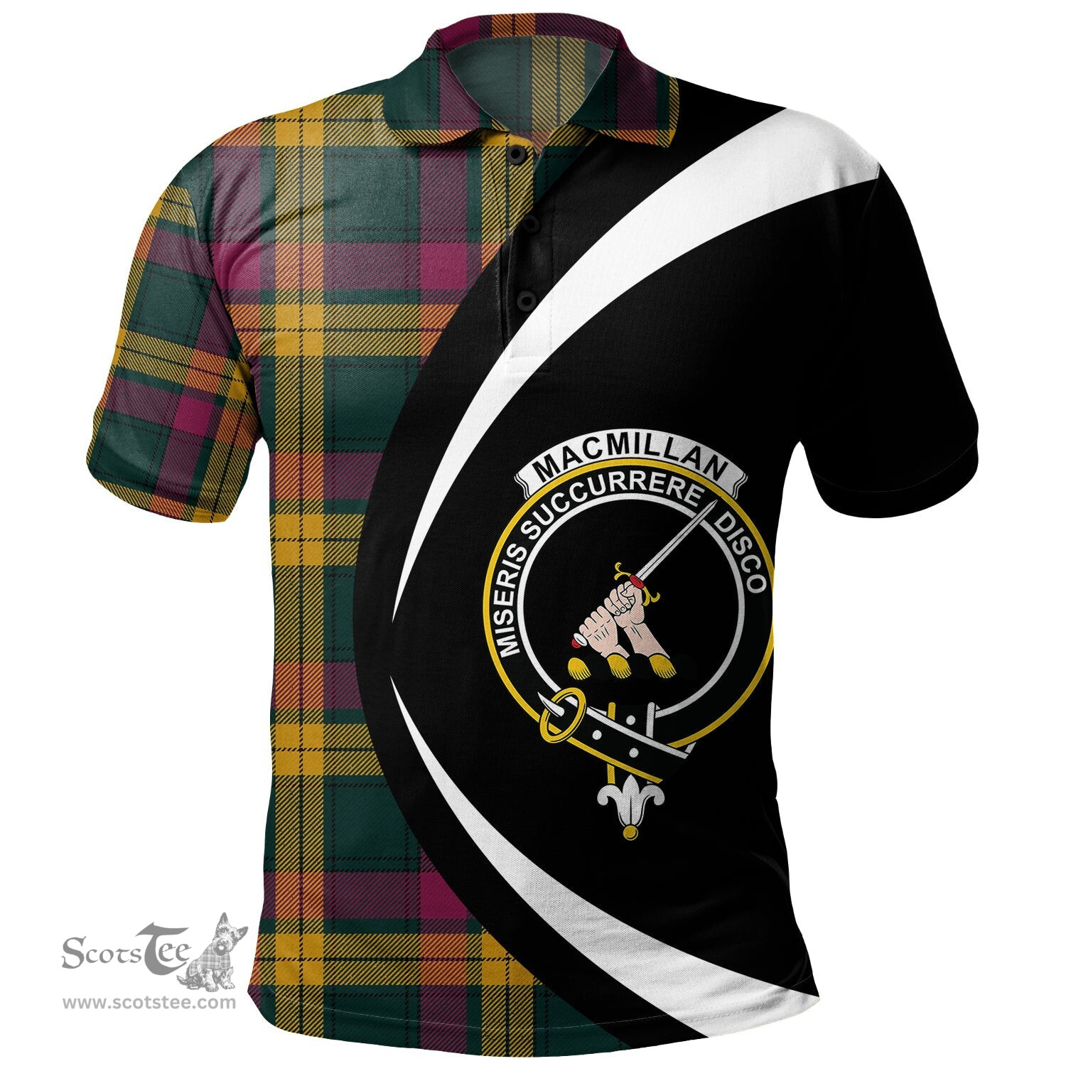 ScotsTee Shop Scottish MacMillan Modern Clan Crest Personalized Tartan Polo Shirt Circle Style Back Shirt with Your Text