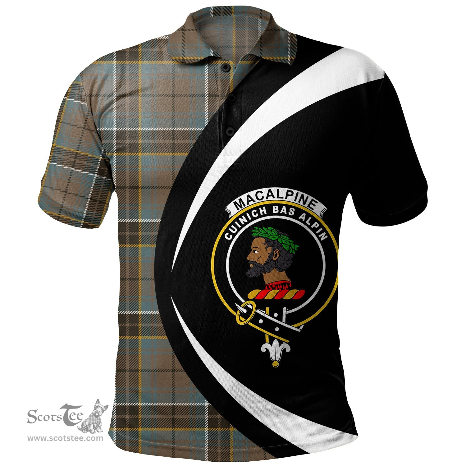 ScotsTee Shop Scottish MacAlpine Weathered Clan Crest Personalized Tartan Polo Shirt Circle Style Back Shirt with Your Text