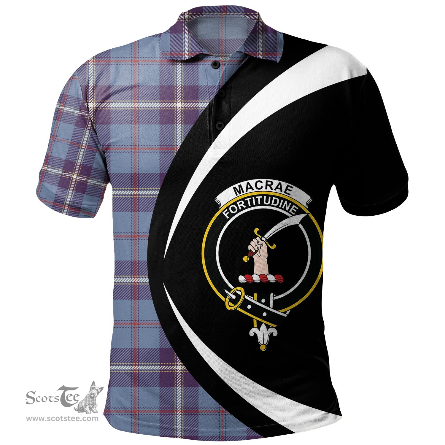 ScotsTee Shop Scottish MacRae of America Weathered Clan Crest Personalized Tartan Polo Shirt Circle Style Back Shirt with Your Text