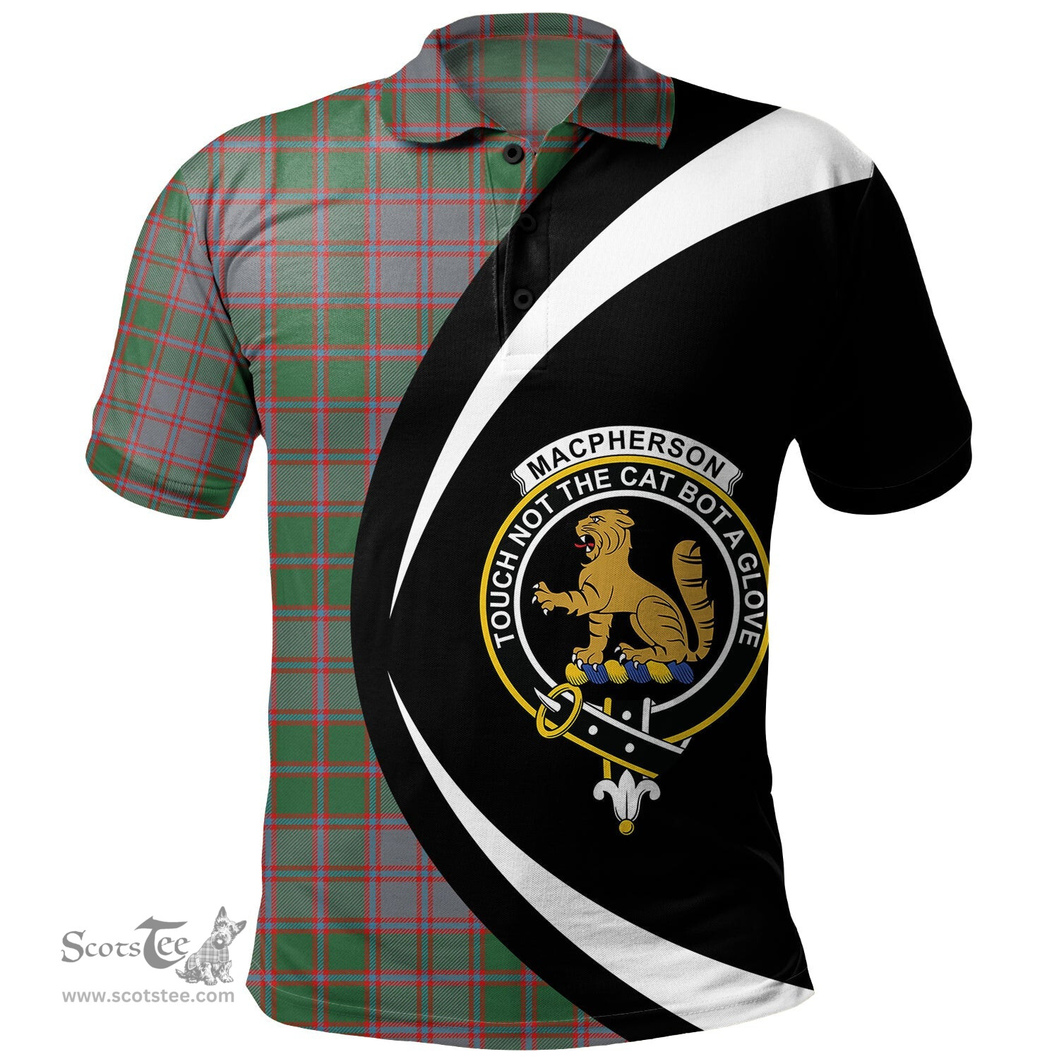 ScotsTee Shop Scottish MacPherson of Glentruim Modern Clan Crest Personalized Tartan Polo Shirt Circle Style Back Shirt with Your Text