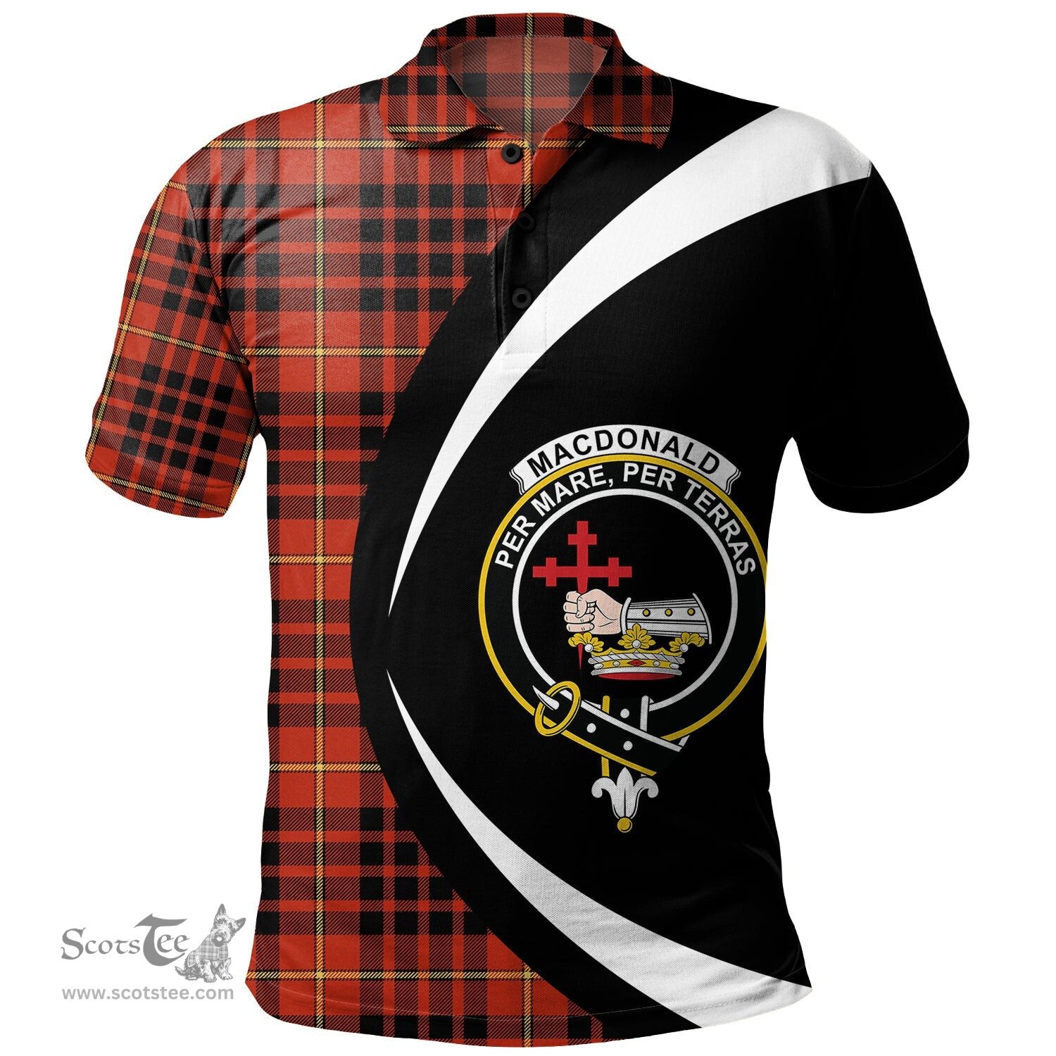 ScotsTee Shop Scottish MacDonald of Ardnamurchan (Donald of Ardnamurchan) Ancient Clan Crest Personalized Tartan Polo Shirt Circle Style Back Shirt with Your Text