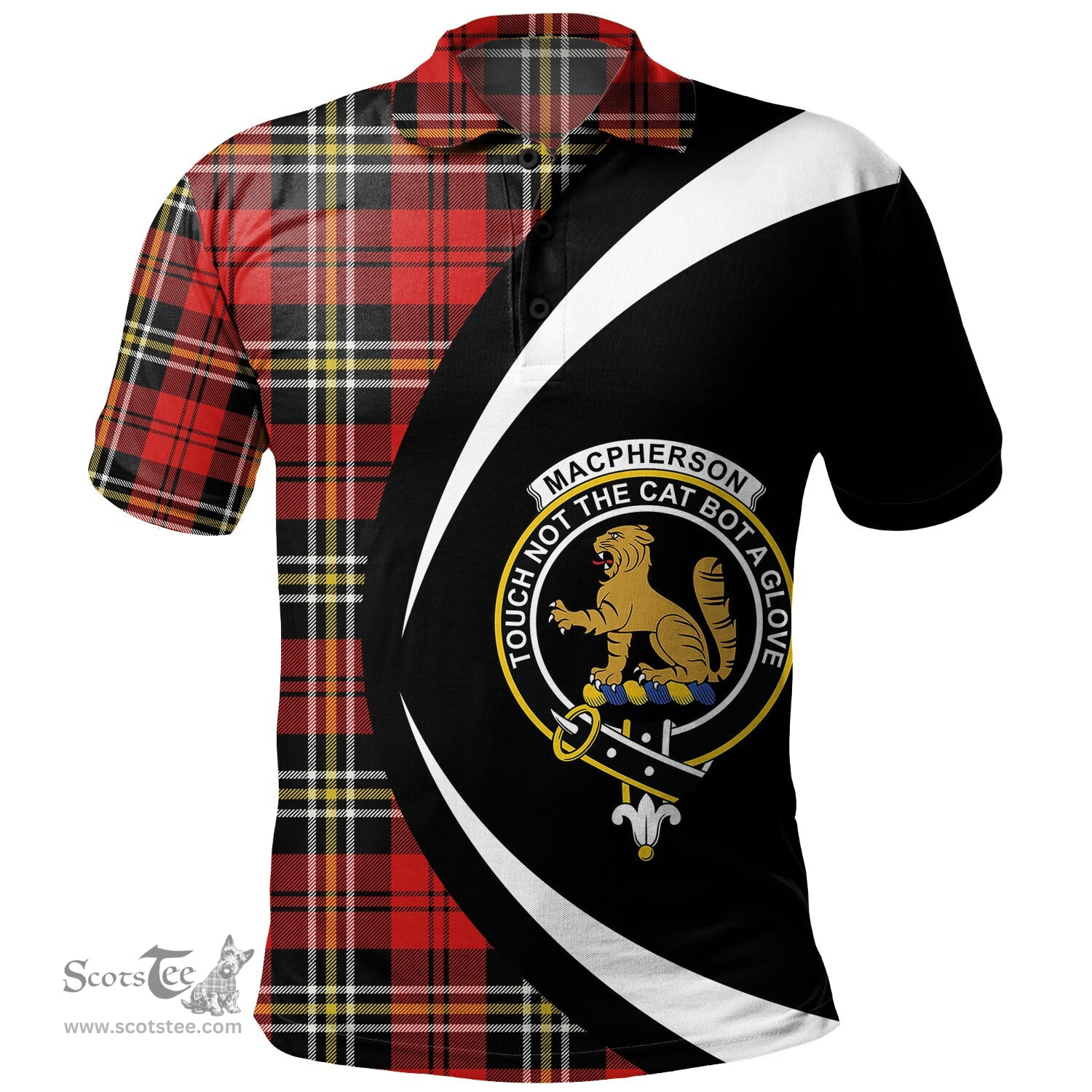 ScotsTee Shop Scottish MacPherson of Cluny Red Modern Clan Crest Personalized Tartan Polo Shirt Circle Style Back Shirt with Your Text