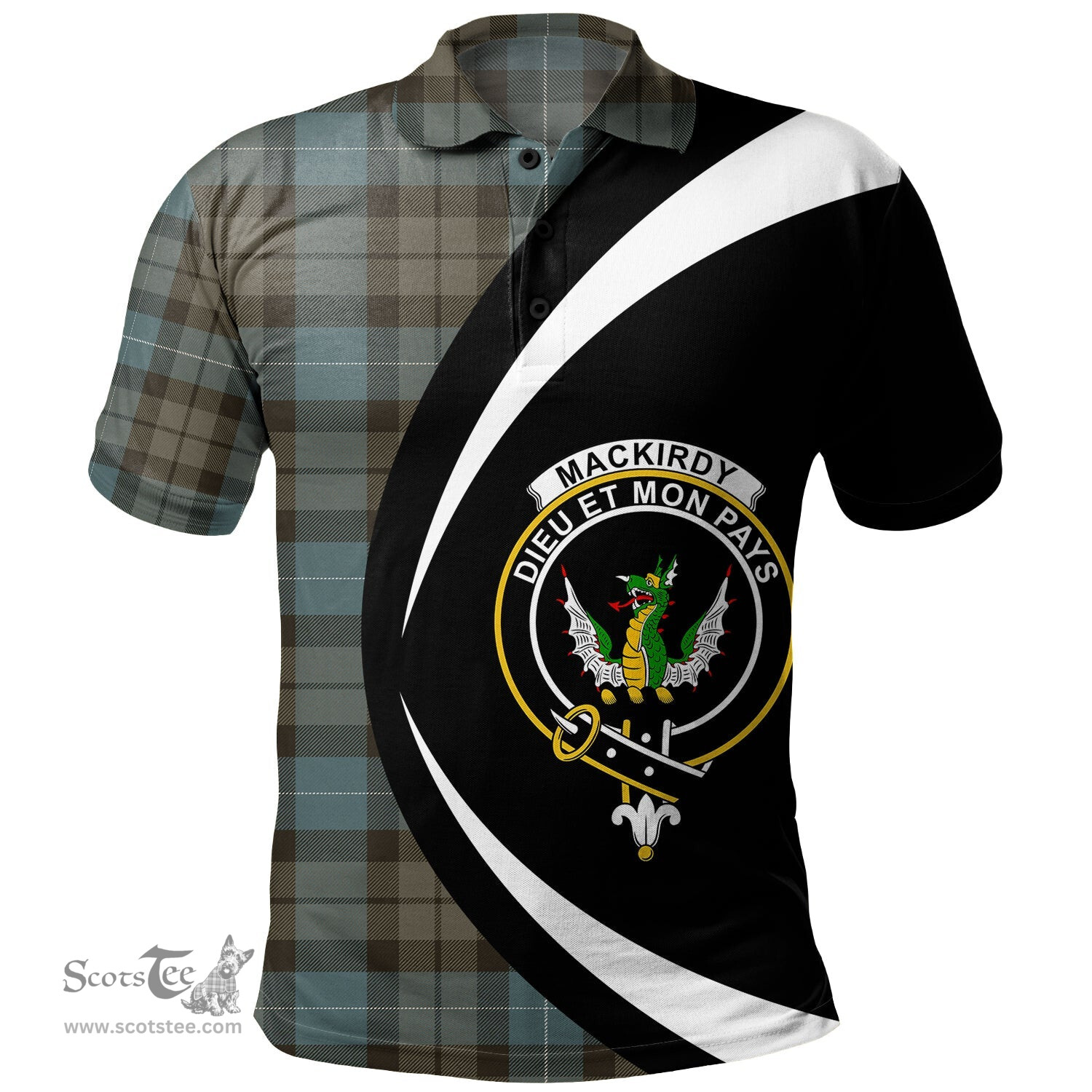 ScotsTee Shop Scottish MacKirdy Weathered Clan Crest Personalized Tartan Polo Shirt Circle Style Back Shirt with Your Text