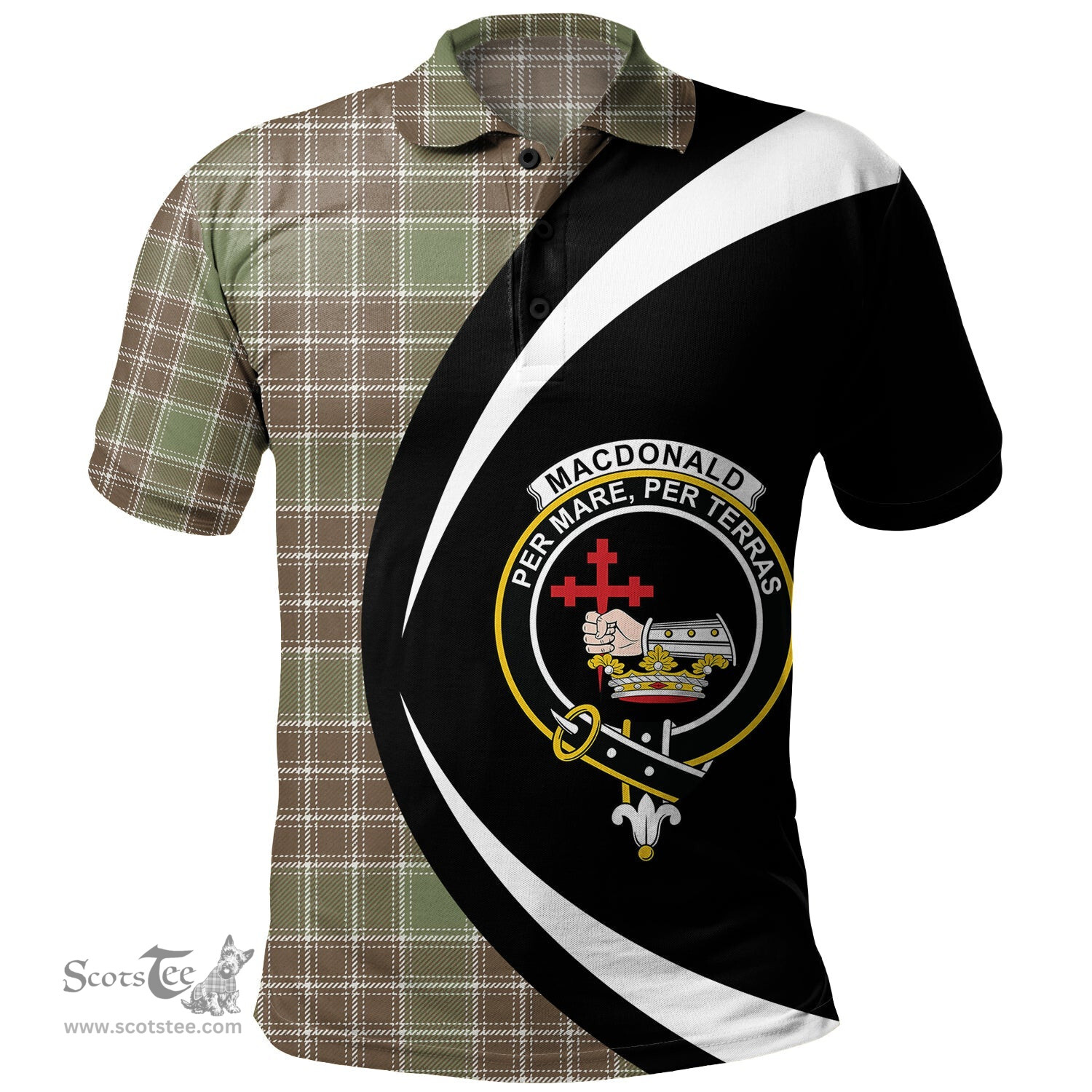 ScotsTee Shop Scottish MacDonald Lord of the Isles; Hunting Weathered Clan Crest Personalized Tartan Polo Shirt Circle Style Back Shirt with Your Text