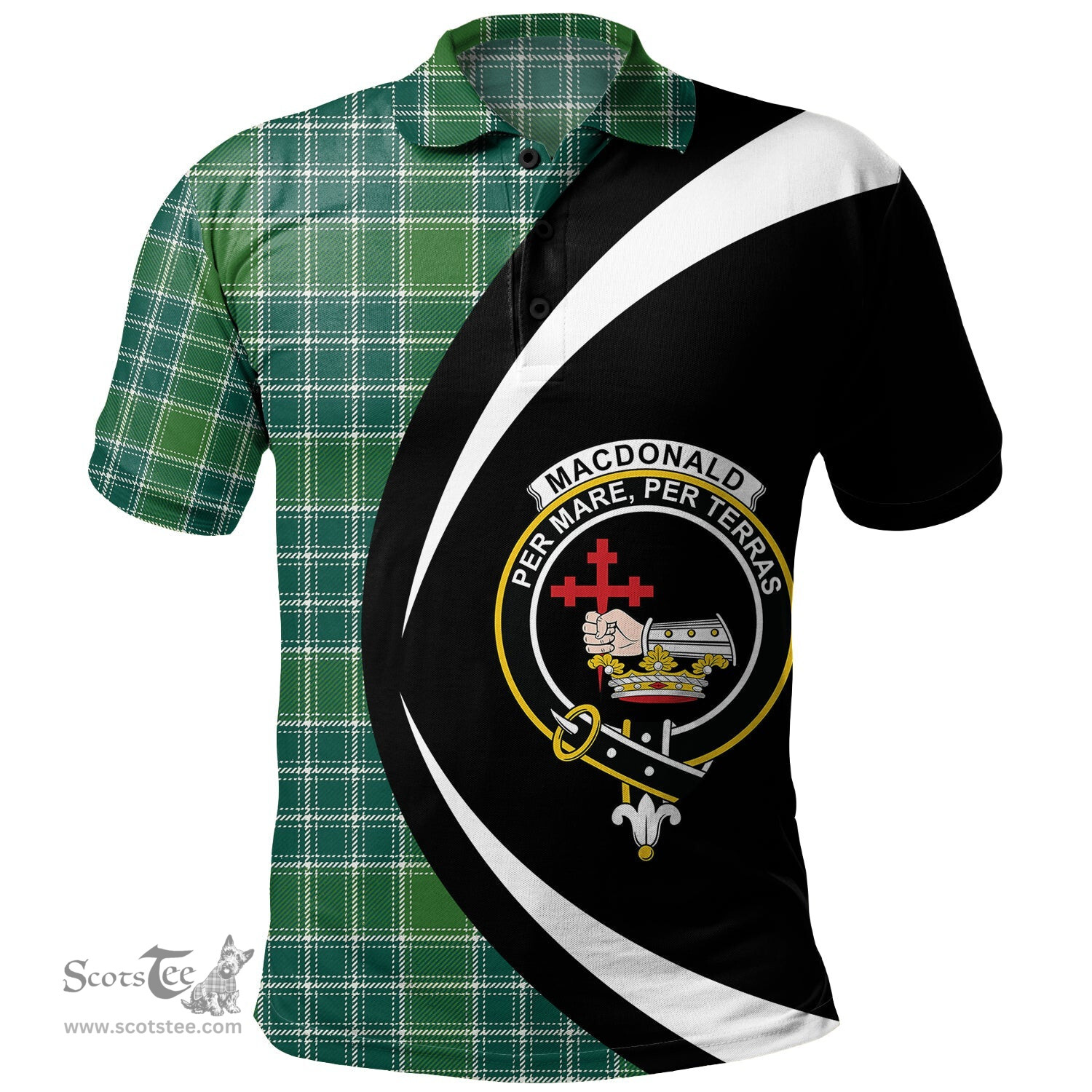 ScotsTee Shop Scottish MacDonald Lord of the Isles; Hunting Ancient Clan Crest Personalized Tartan Polo Shirt Circle Style Back Shirt with Your Text