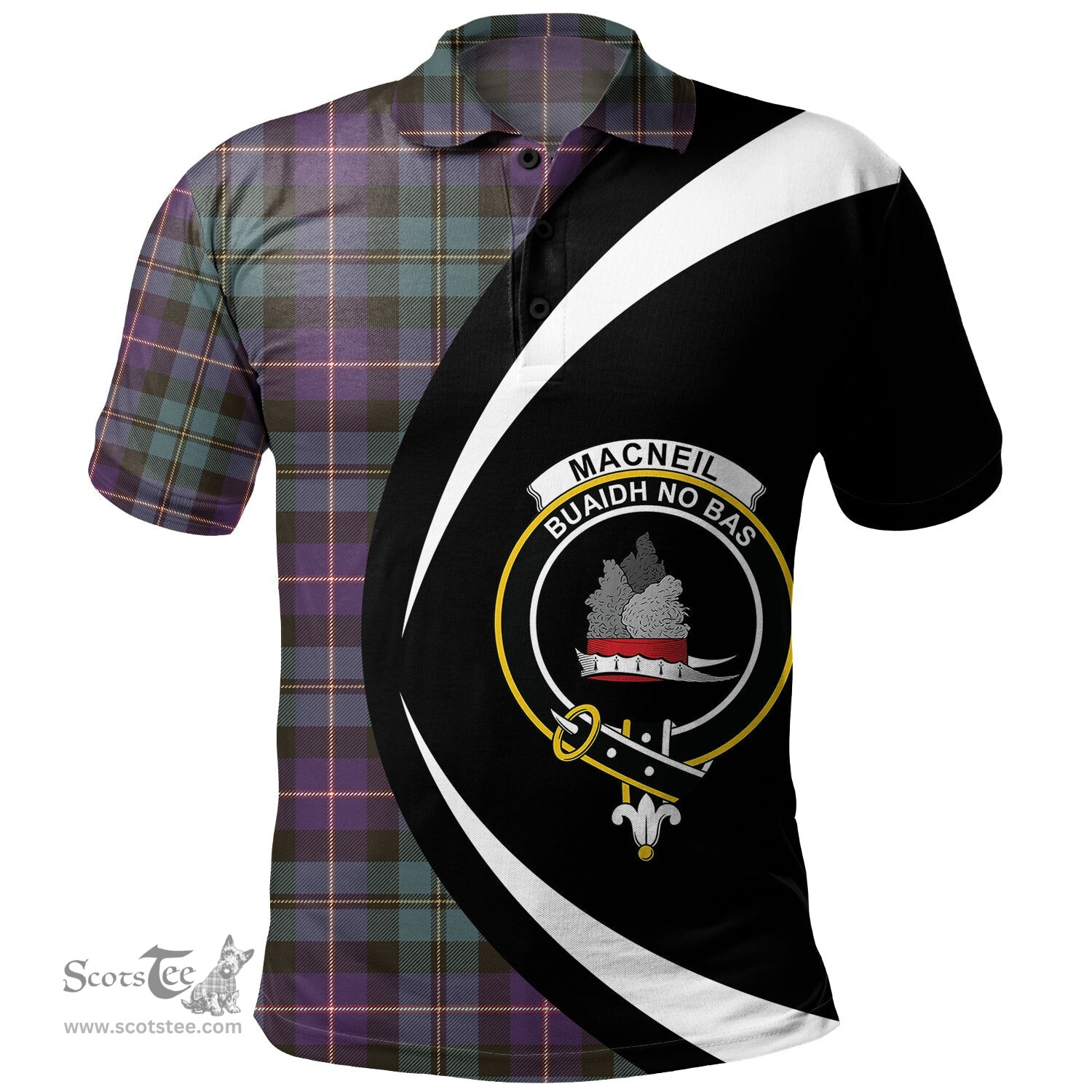 ScotsTee Shop Scottish MacNeil of Barra Old (MacNeill Old) Weathered Clan Crest Personalized Tartan Polo Shirt Circle Style Back Shirt with Your Text