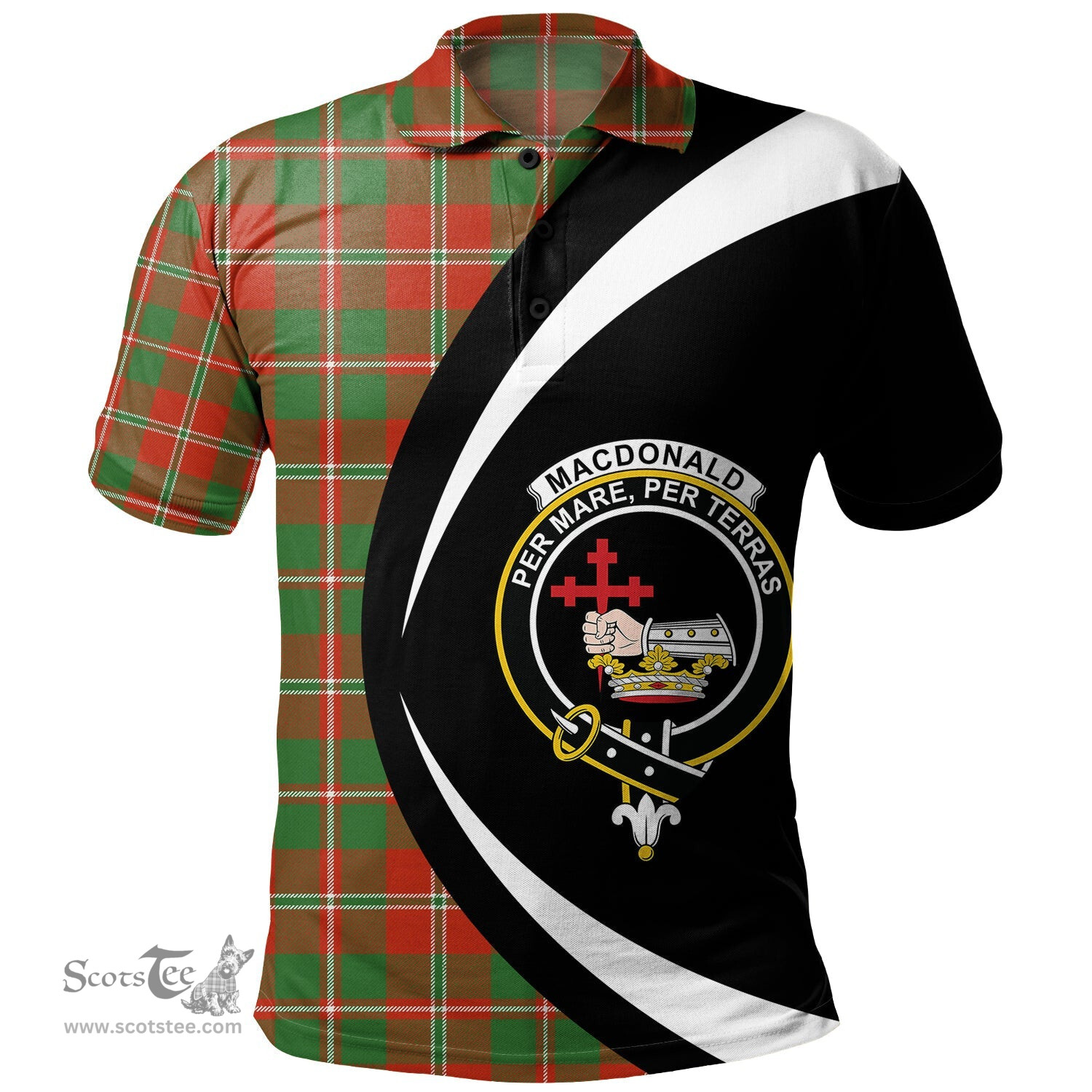 ScotsTee Shop Scottish MacDonald of Glenaladale (Donald of Glenaladale) 2006 Ancient Clan Crest Personalized Tartan Polo Shirt Circle Style Back Shirt with Your Text